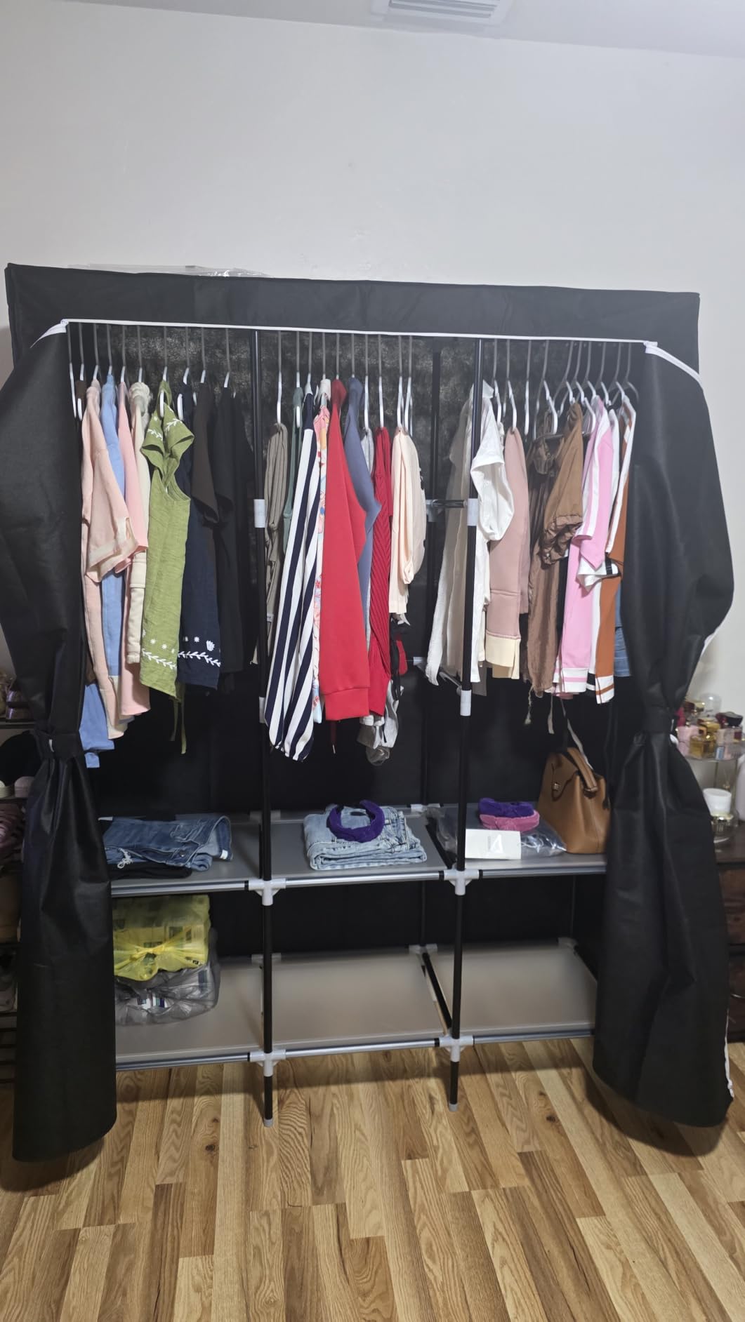 LOKEME Wardrobe Closet, Steel Pipe Diameter 19mm, Portable Closet for Bedroom | Strong and Sturdy Portable Closets for Hanging Clothes with 3 Hanging rods, 6 Storage Shelves and Side Pockets customer photo 1