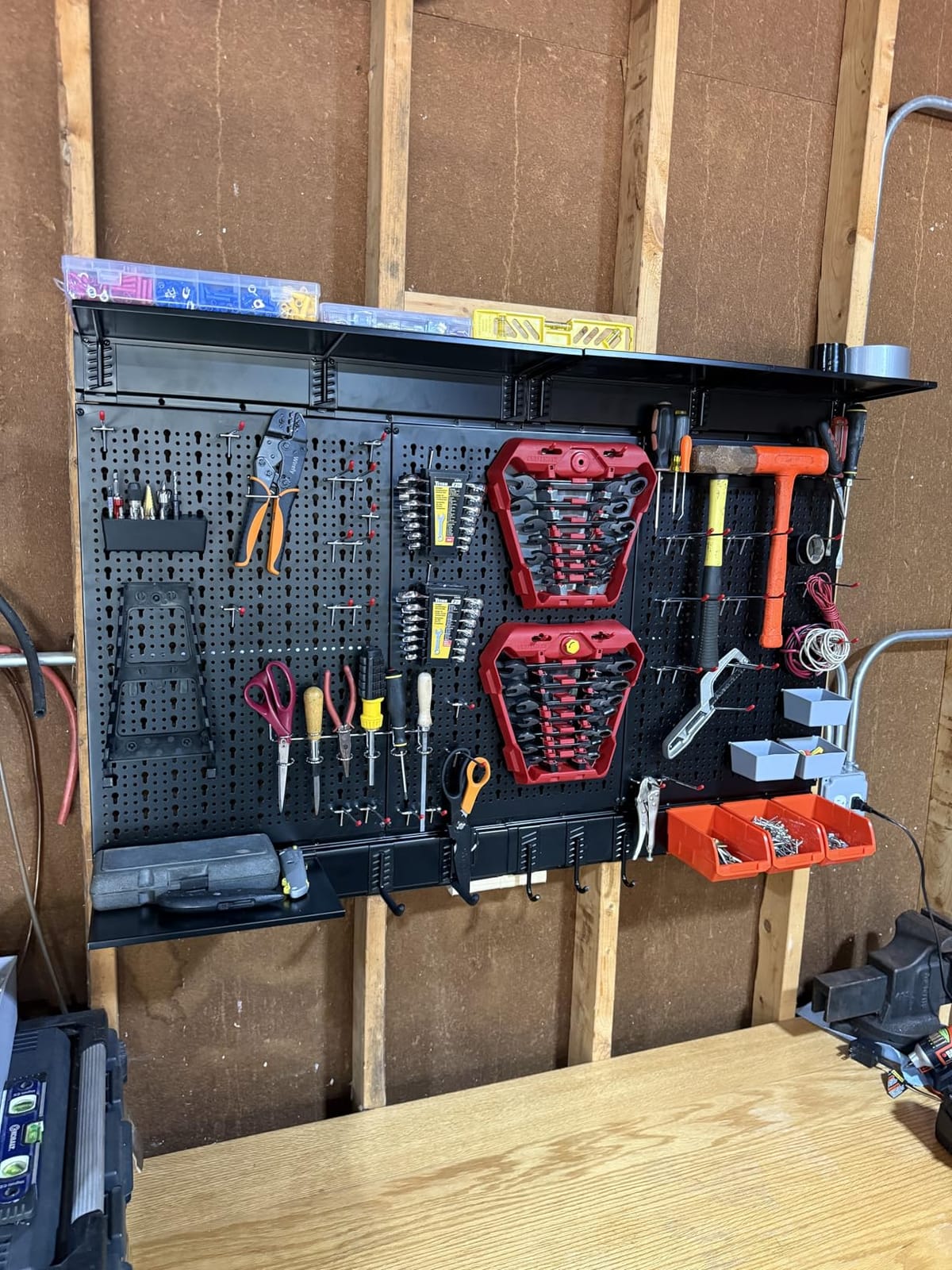 WALMANN 113 PCS Pegboard Wall Organizer Kit with Pegboard Hooks, Black | Tools Storage Pegboard for Garage, Workbench, Modular Peg Board Tool Organizer Board with Hooks, 16x24 in Panel customer photo 1