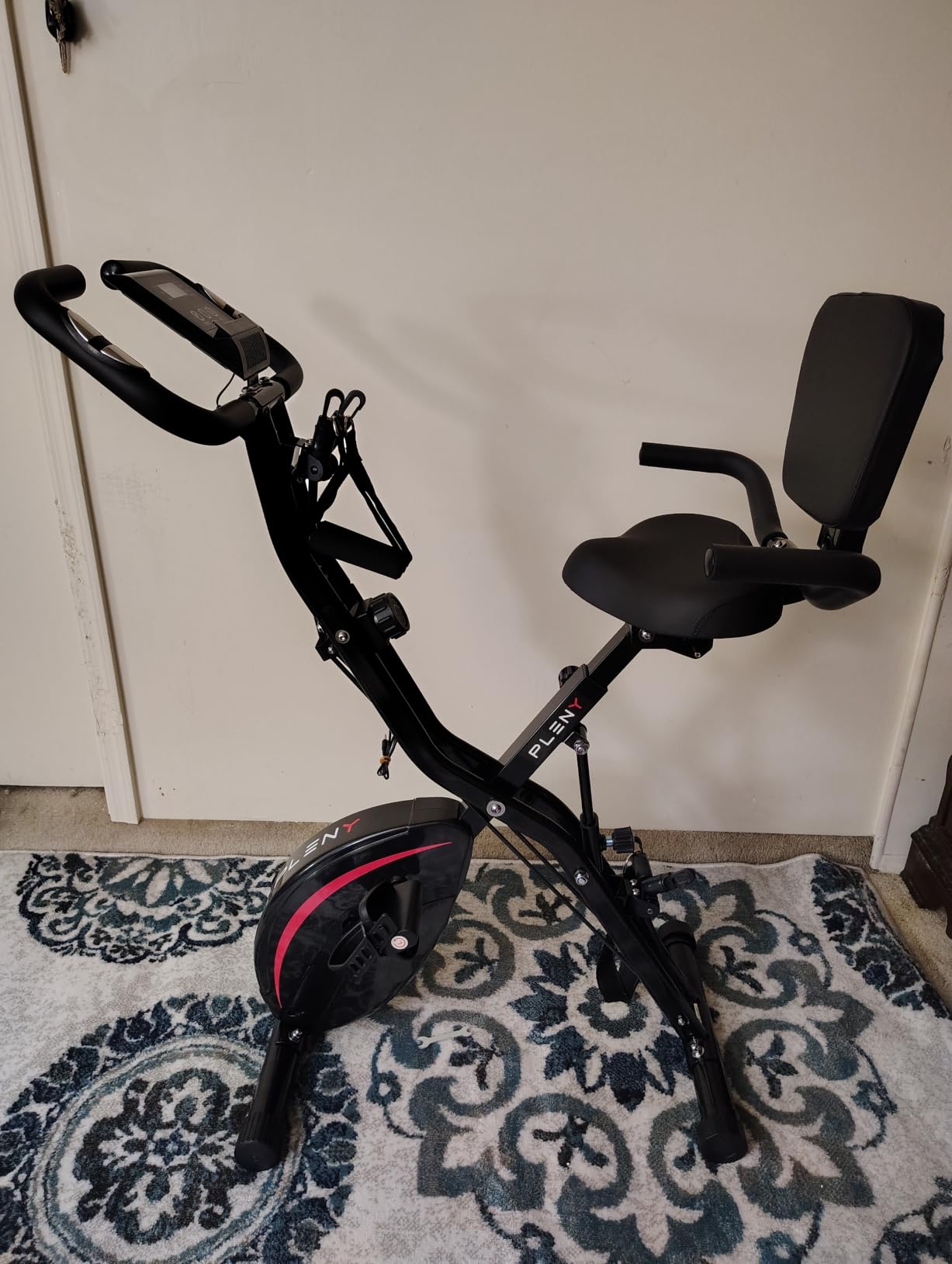 PLENY Folding Exercise Bike, 5 IN 1 Indoor Stationary Bikes for Home | Workout Bike with 6.6 LBS Flywheel, 16-Level Adjustable Magnetic Resistance, 330LB Weight Capacity, Back Support Cushion customer photo 2