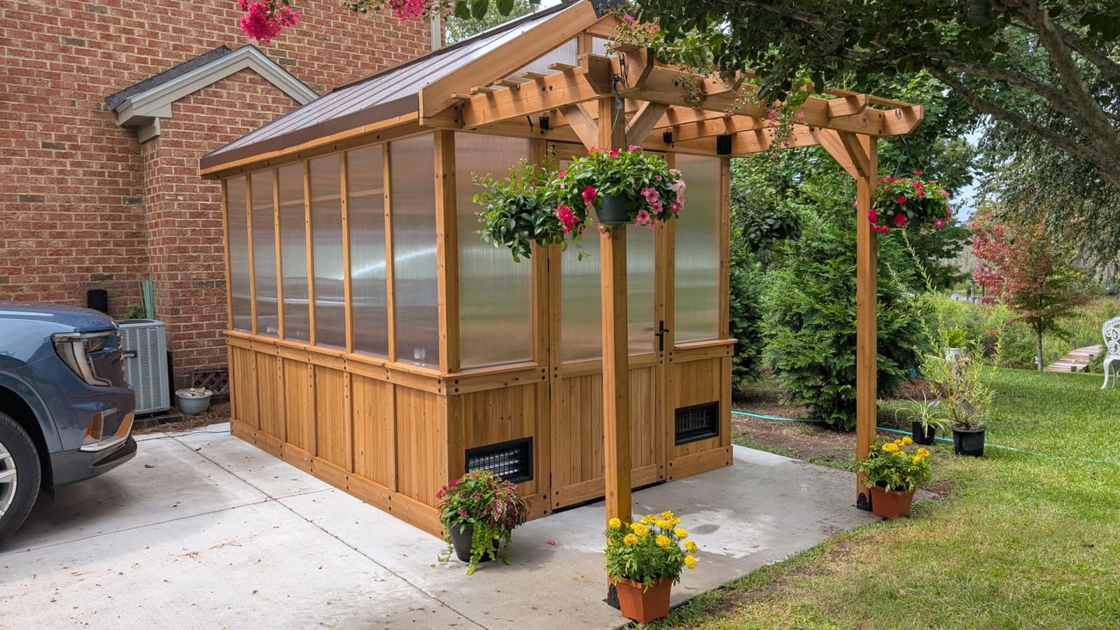 Backyard Discovery Bellerose 9' x 6' Cedar Wood and Polycarbonate Walk-in Greenhouse Kit with Pergola, Exhaust Fan, Windows, Hose Hook-Ups, PowerPort, Staging Shelves for Year-Round Outdoor Gardening customer photo 1