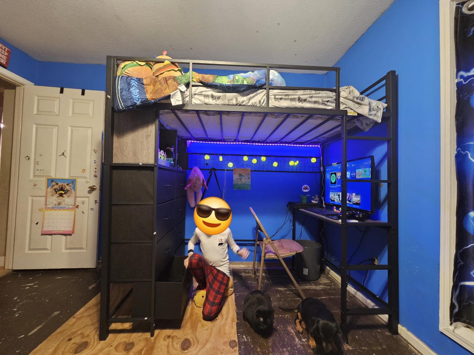 ADORNEVE Twin Size Loft Bed with Desk and 8 Storage Drawers, Rustic Brown | LED Metal Kids Loft Bed with Charging Sation, Storage Shelves, 13.1