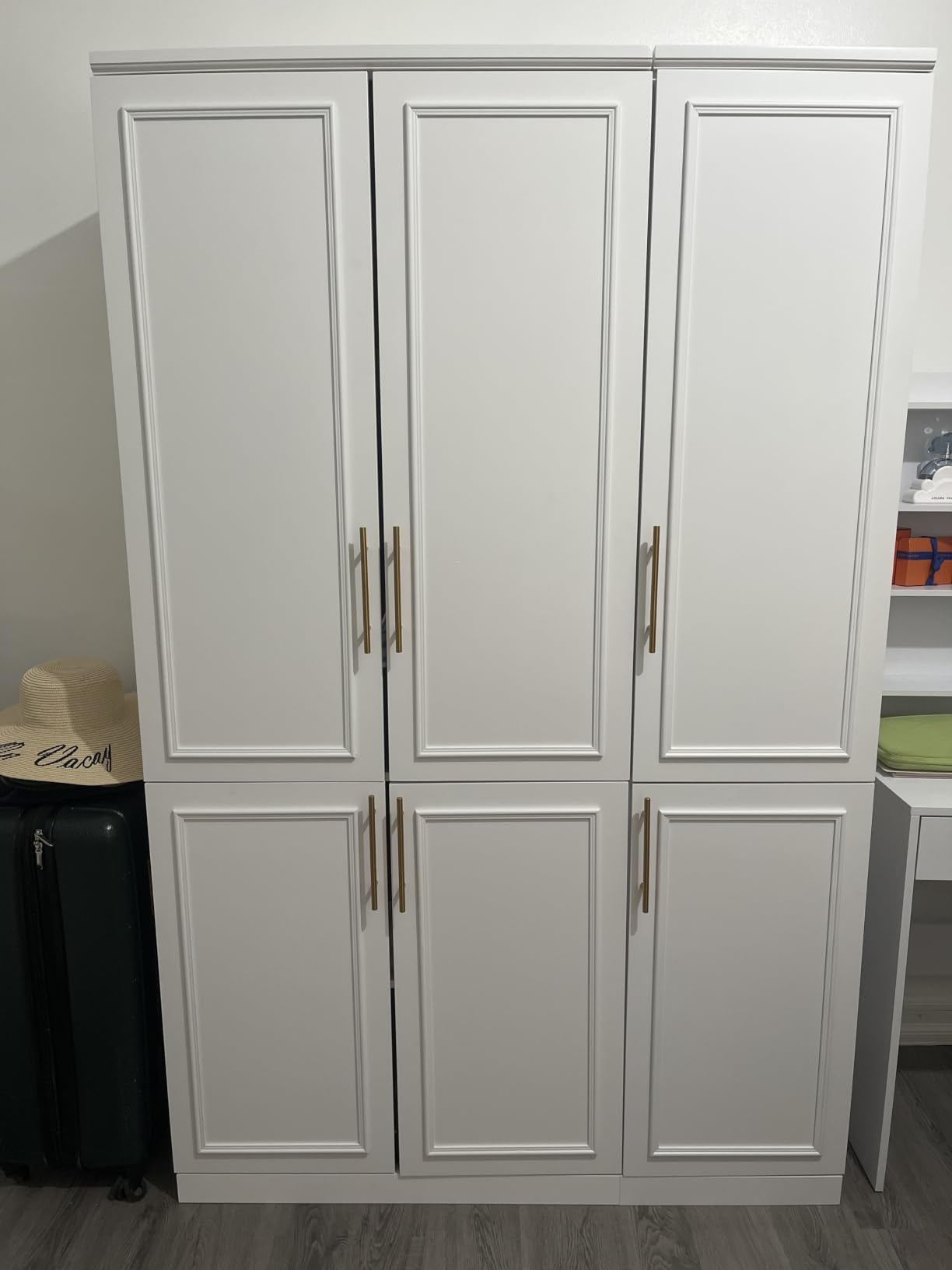 FUFU&GAGA Wardrobe Closet Collection with Doors, White Armoire System | Modern Bedroom Clothes Storage Cabinet with Drawers, Shelves, Hanging Rods, Gold Handles, 79.1