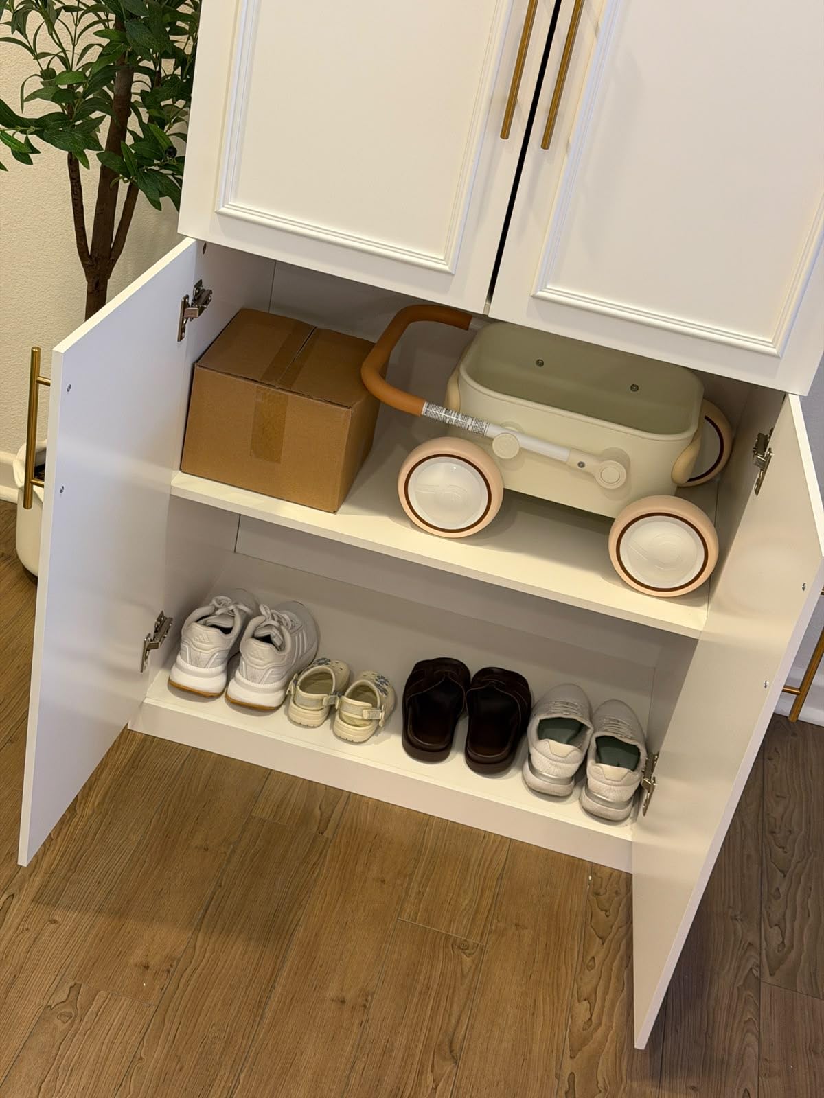 FUFU&GAGA Wardrobe Closet Collection with Doors, White Armoire System | Modern Bedroom Clothes Storage Cabinet with Drawers, Shelves, Hanging Rods, Gold Handles, 79.1