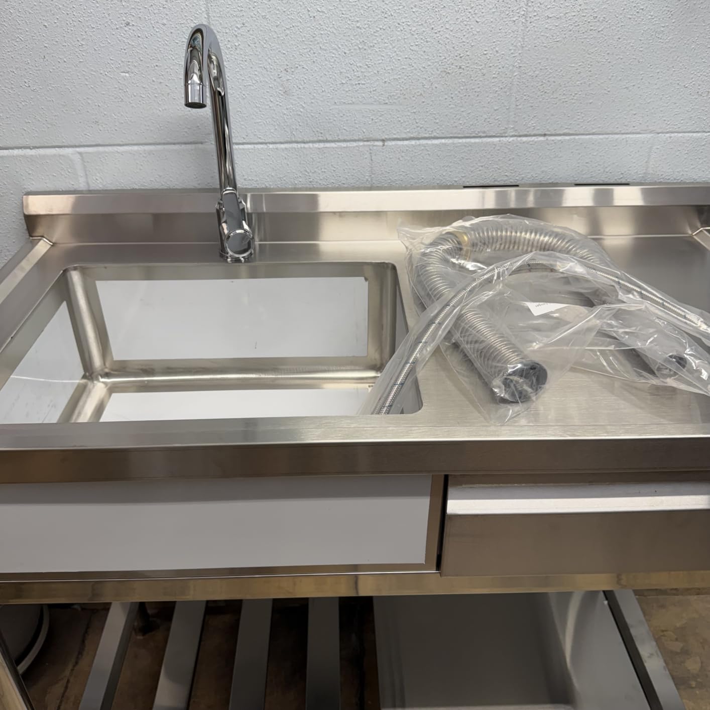 WOEDEN 47 inch 304 Stainless Steel Utility Sink Free-Standing Kitchen Sink with Workbench, Drawer Storage and Hot/Cold Water Pipes for Laundry, Farmhouse and Outdoor Use customer photo 1