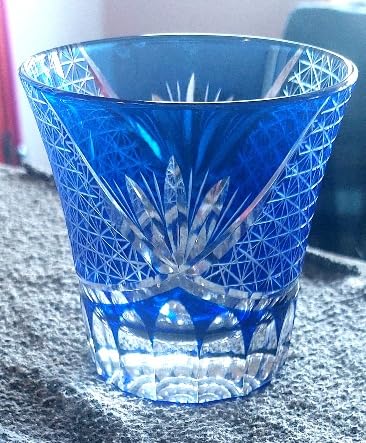 Japanese Whiskey Glass, Edo Tokyo Kiriko Style, Cobalt Blue Hand-Cut | Radiant Geometric Old Fashioned Tumbler for Bourbon, Scotch & Whiskey, 8.5 oz, Gift Box Included customer photo 2