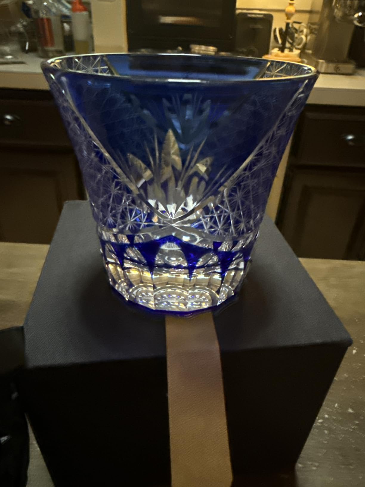 Japanese Whiskey Glass, Edo Tokyo Kiriko Inspired Cobalt Blue, 8.5 oz | Hand-Cut Starburst Geometric Design, Old Fashioned Tumbler for Bourbon & Scotch, Gift Box Included customer photo 1