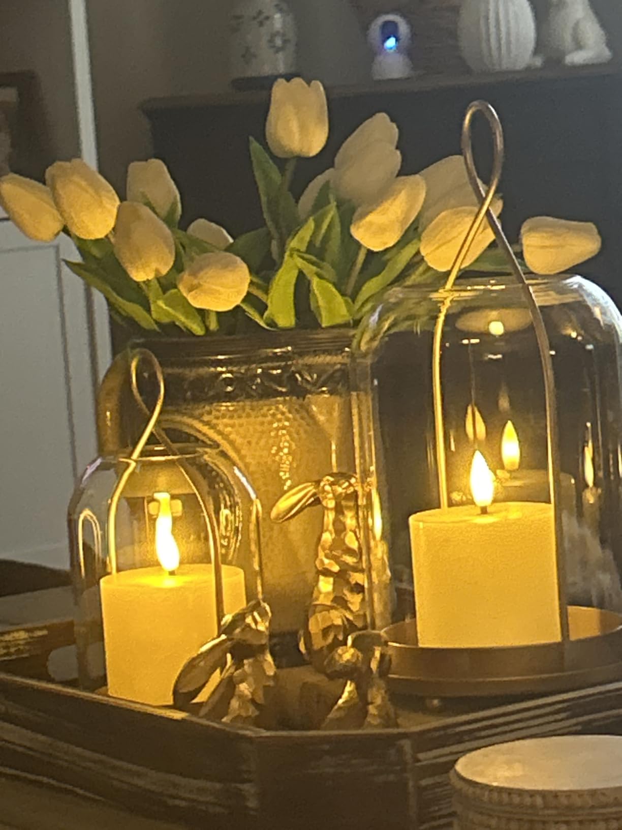 NUPTIO Glass Lanterns Decorative Outdoor, Gold Hurricane Candle Holders | Set of 2 Hanging Lantern for Pillar Candles, Table Centerpiece for Home Thanksgiving Christmas Party customer photo 2