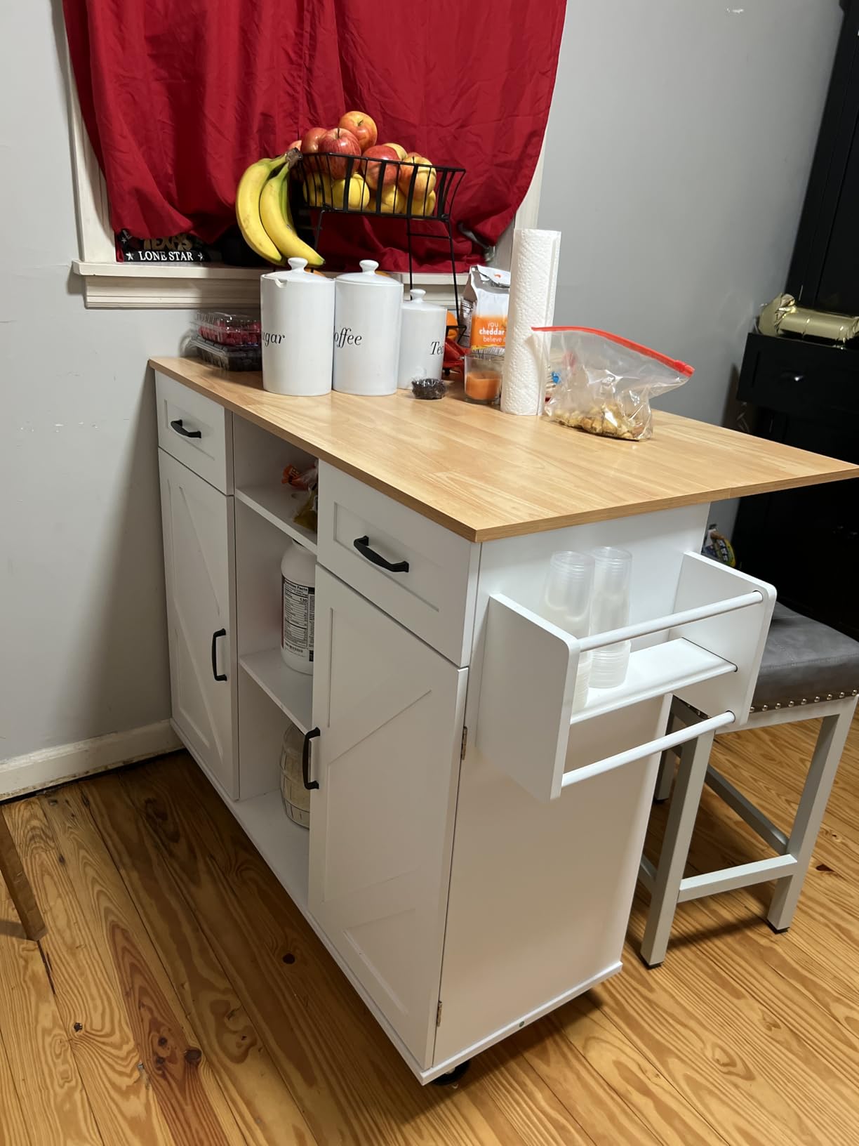 knoworld 51.5'' Rolling Kitchen Island with Storage Cabinet & Drawers, Drop Leaf Kitchen Cart on Wheels, Farmhouse Portable Mobile Islands, Large Butcher Block Table with Tower/Spice Rack, Black customer photo 1