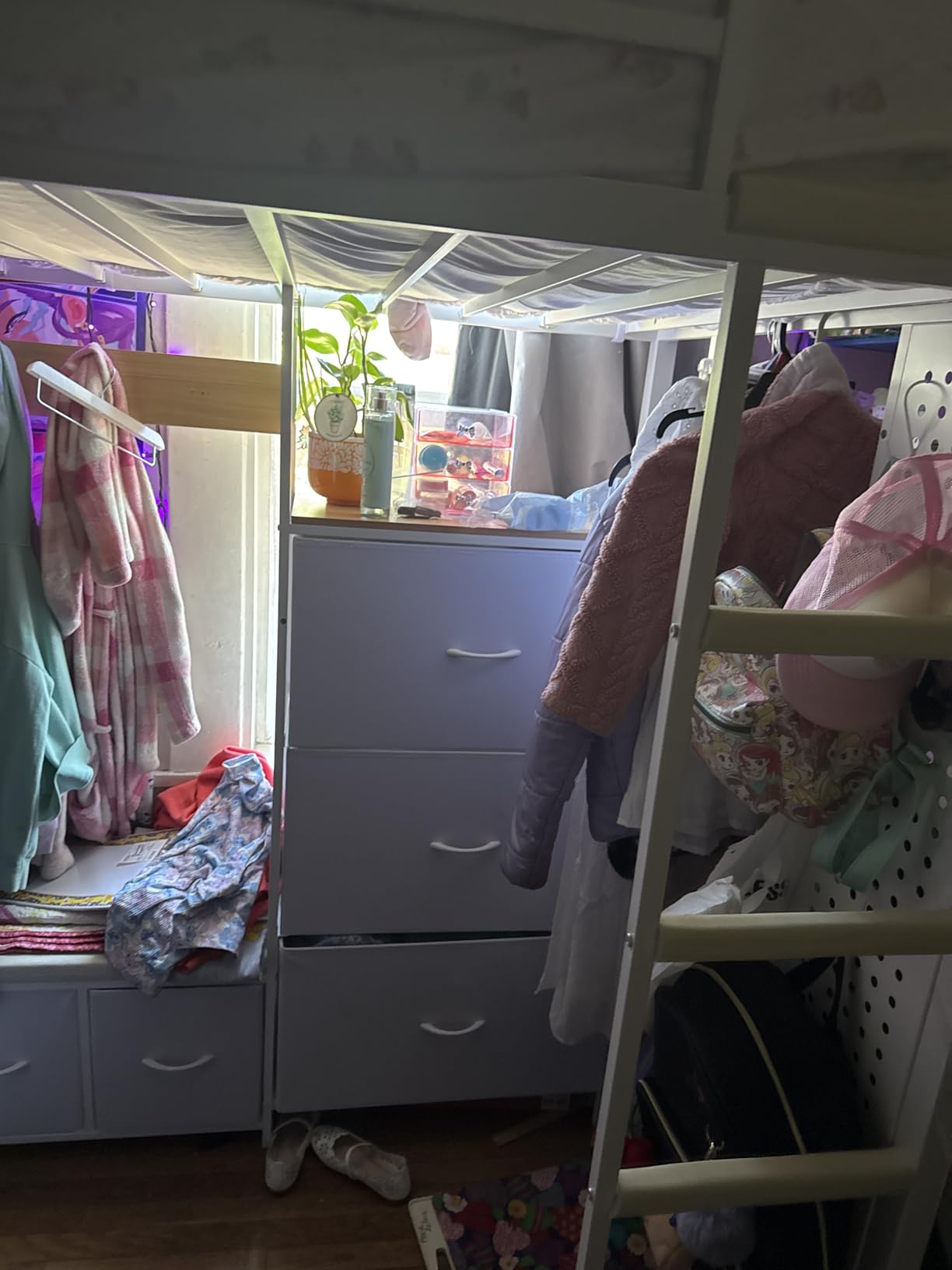 DICTAC Twin Loft Bed with 6 Storage Drawers, Coat Rack and Open Shelves Metal Twin Size Loft Bed with Desk, Charging Station and LED Light, loft beds with Large Pegboard, Stairs and Safety Guardrail, White customer photo 1