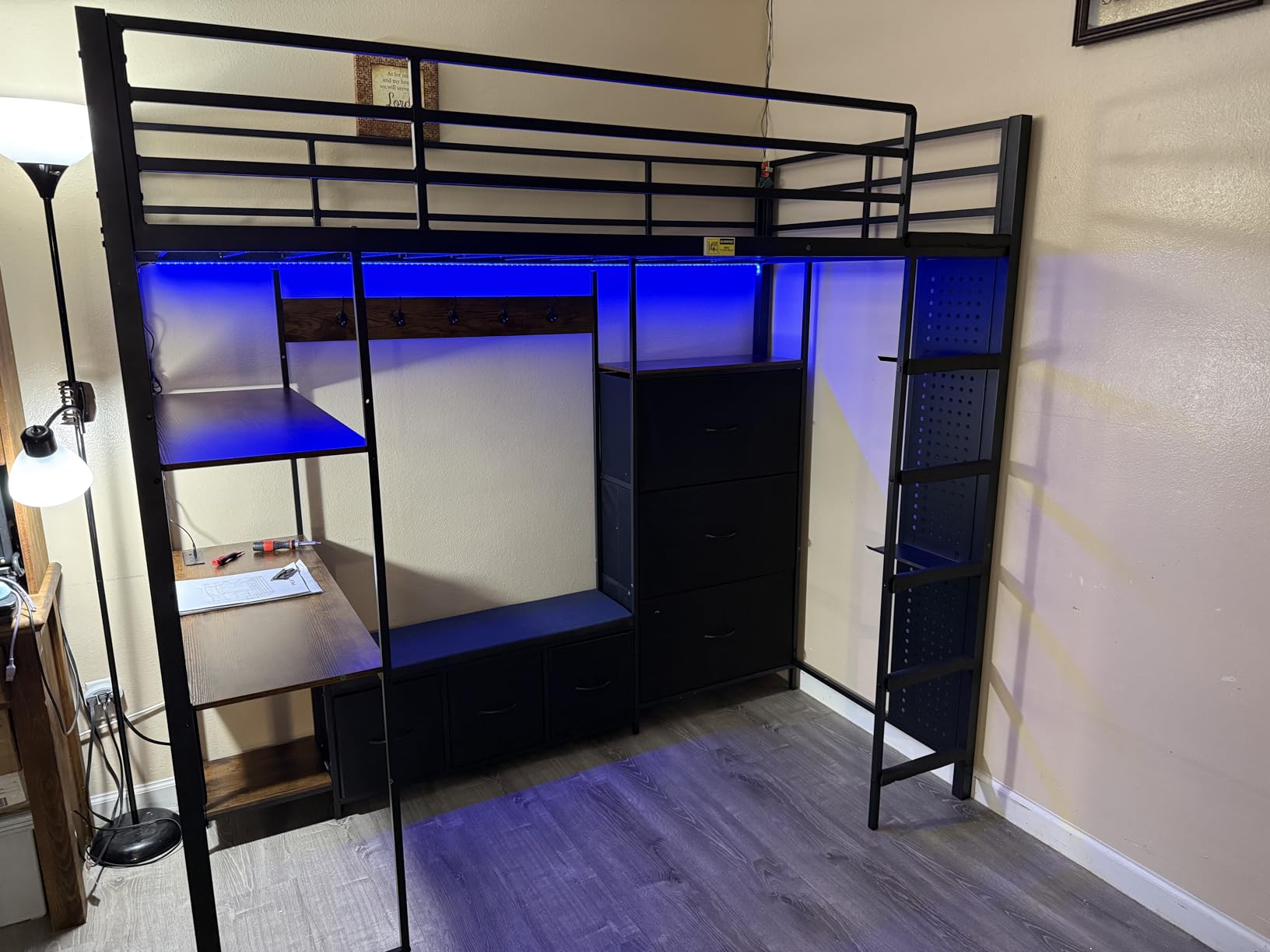 DICTAC Twin Loft Bed with 6 Storage Drawers, Coat Rack and Open Shelves Metal Twin Size Loft Bed with Desk, Charging Station and LED Light, loft beds with Large Pegboard, Stairs and Safety Guardrail, White customer photo 2