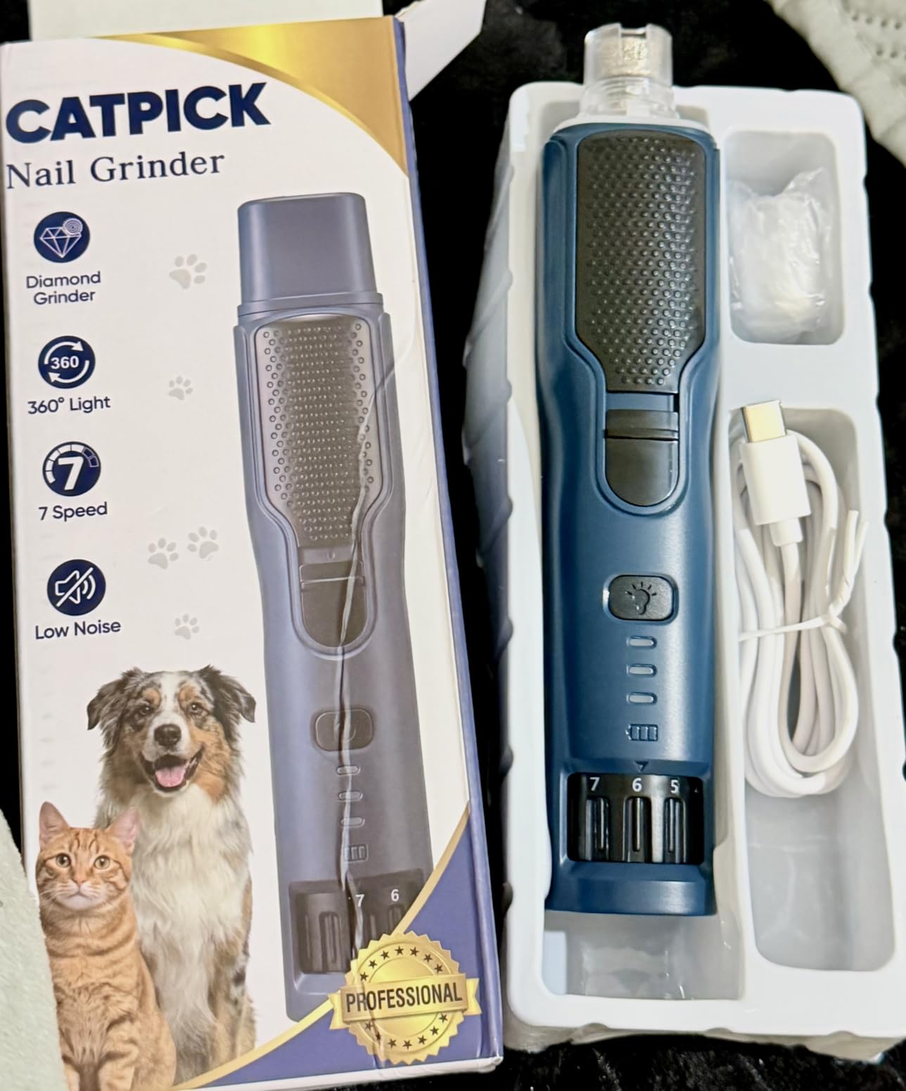 CATPICK 7-Speed Quiet Dog & Cat Nail Grinder with 360 Degree LED for Thick Nails | Powerful Pet Nail Grinder - Fast Grinding, Low Vibration, Easy Handling, Smooth Edges & 3 Ports for Small to Extra-Large Pets customer photo 1
