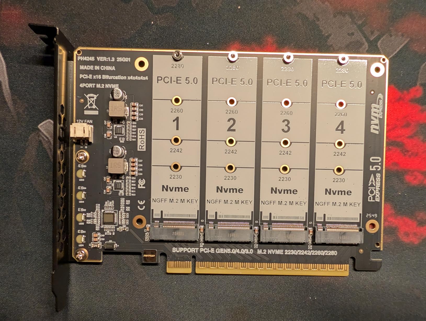 Quad NVMe PCIe 5.0 Adapter with Heatsink, RIITOP PCIe 5.0 x16 to 4X NVMe Card for 2280/2260/2242/2230 M.2 (M Key) SSD (PCI-e Bifurcation Required) customer photo 2