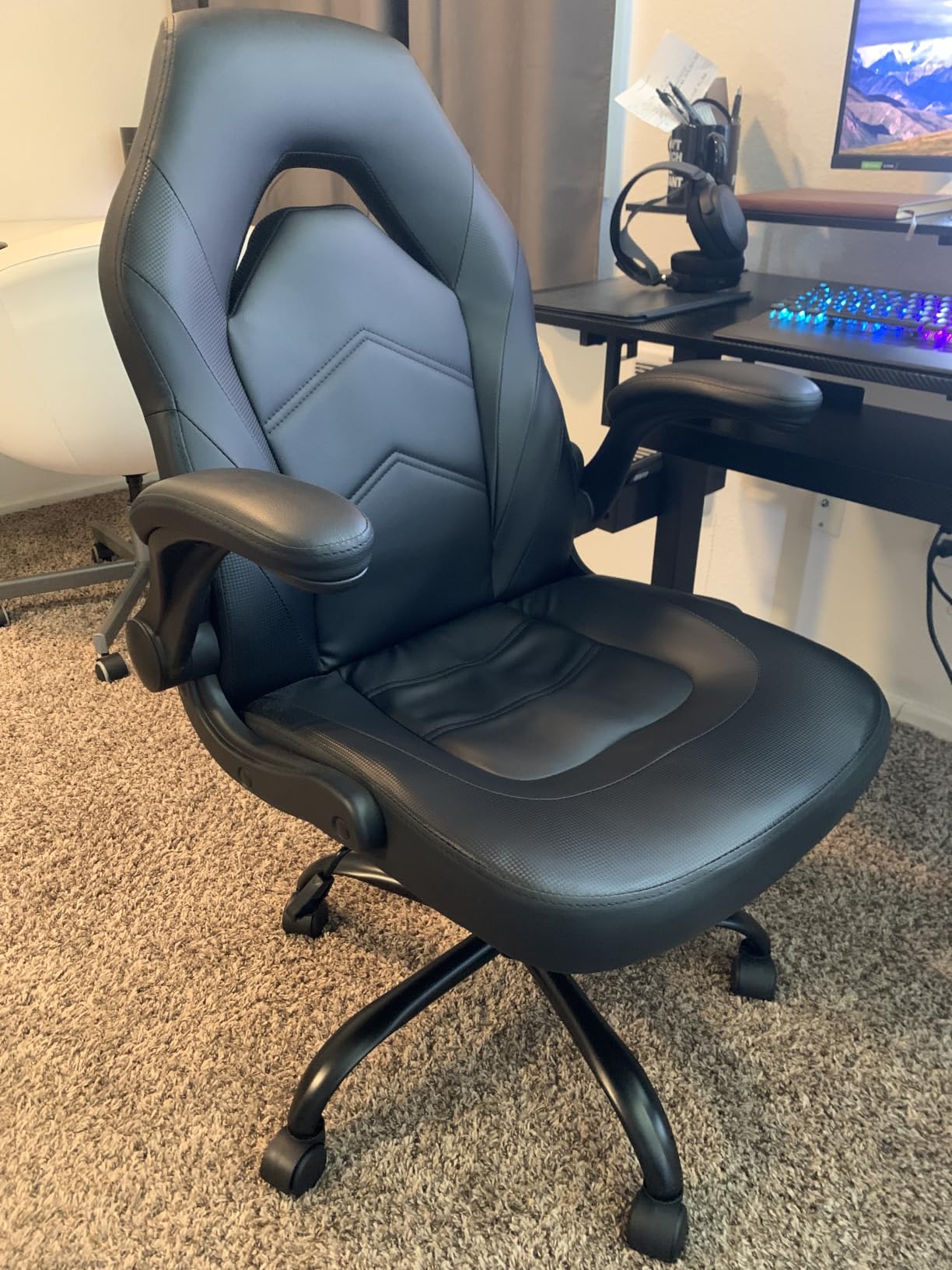 Sweetcrispy Computer Gaming Chair, Home Office Desk Chair, PU Leather | Big Tall Ergonomic, Flip-up Armrest, 360 Swivel Wheels, PU Leather Height Adjustable, Home Computer, Black customer photo 2