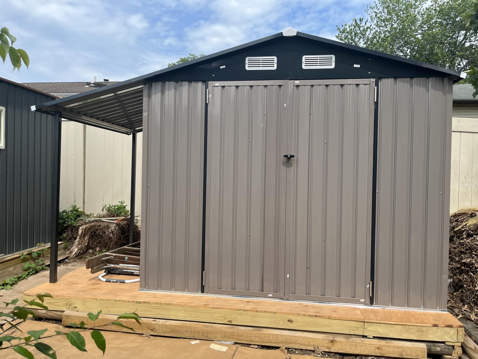 Aoxun 8x12 FT Outdoor Storage Shed Metal Sheds with Open Firewood Storage,Galvanized Steel Garden Shed with Lockable Doors,Sloped Roof,Windows, 2 in 1 Large Tool Shed for Patio, Backyard, Lawn (Brown) customer photo 2