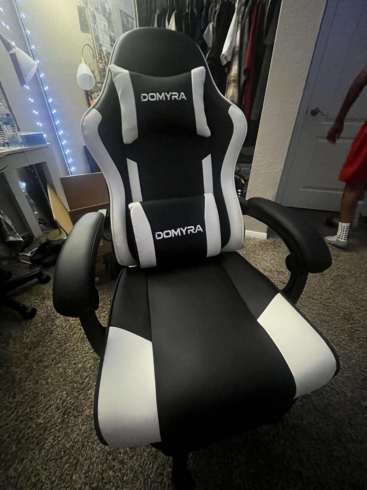 Gaming Chair Gamer Game Ergonomic with Footstool Lumbar Support Deep Black | Headrest, Height and Backrest Adjustable, Deep Black Leather, 210 KG Heavy Duty Load Capacity 52cm Wingless Cushion customer photo 2