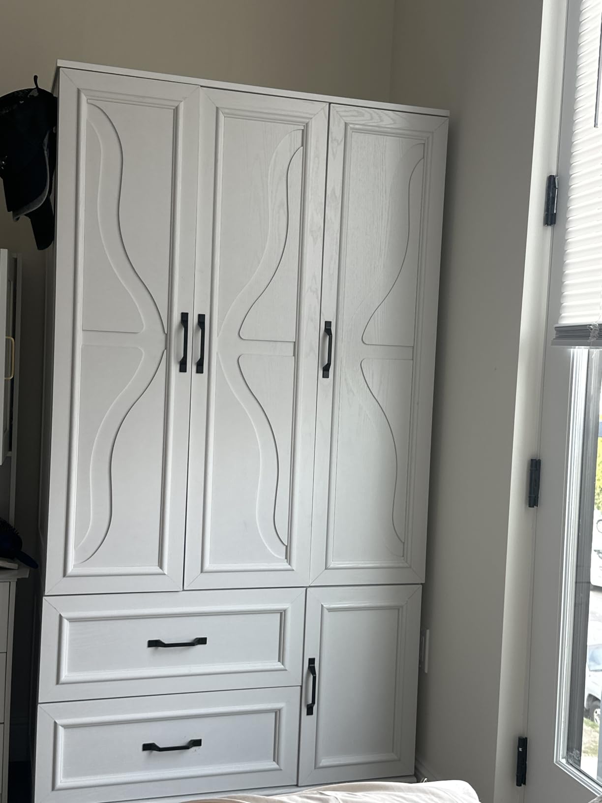 LIKIMIO Armoire Wardrobe Closet with 4 Doors and Drawers, Black | Wardrobe Cabinet with Storage Shelves and Side Hooks, Clothing Storage Cabinet for Bedroom customer photo 2