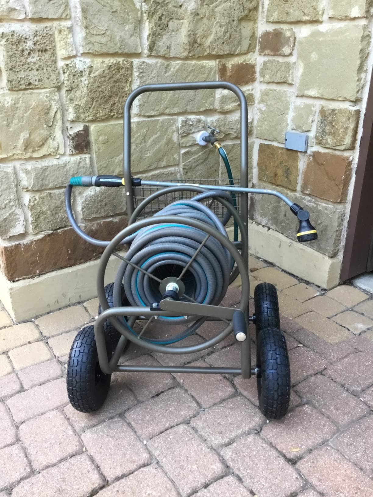 Liberty Garden Residential Grade Four Wheel 250 Foot Capacity Steel Frame Water Hose Reel Cart with Basket for Backyard, Garden, or Home, Brown, Bronze customer photo 2