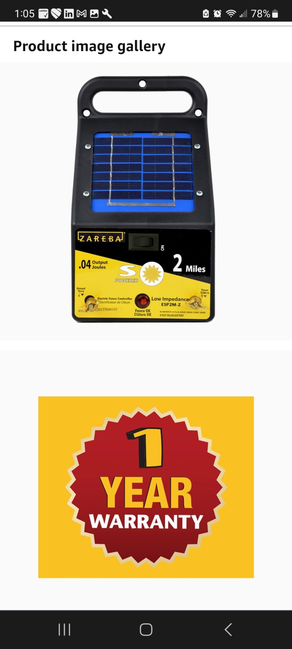 Zareba Solar Powered Low Impedance Electric Fence Charger - 2 Mile Solar Powered Electric Fence Energizer, Contain Small Animals and Keep Out Predators - ESP2M-Z customer photo 1