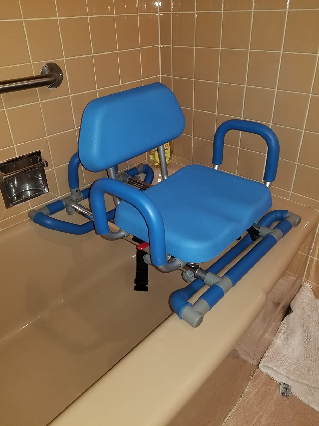 Platinum Health HydroSlide Sliding Shower Chair Swivel Seat for Bathtub, Soft, Padded with industry-exclusive, patented Gap-Bridge safety feature. Padded Armrests. Ideal for Elderly and Seniors (Blue) customer photo 1