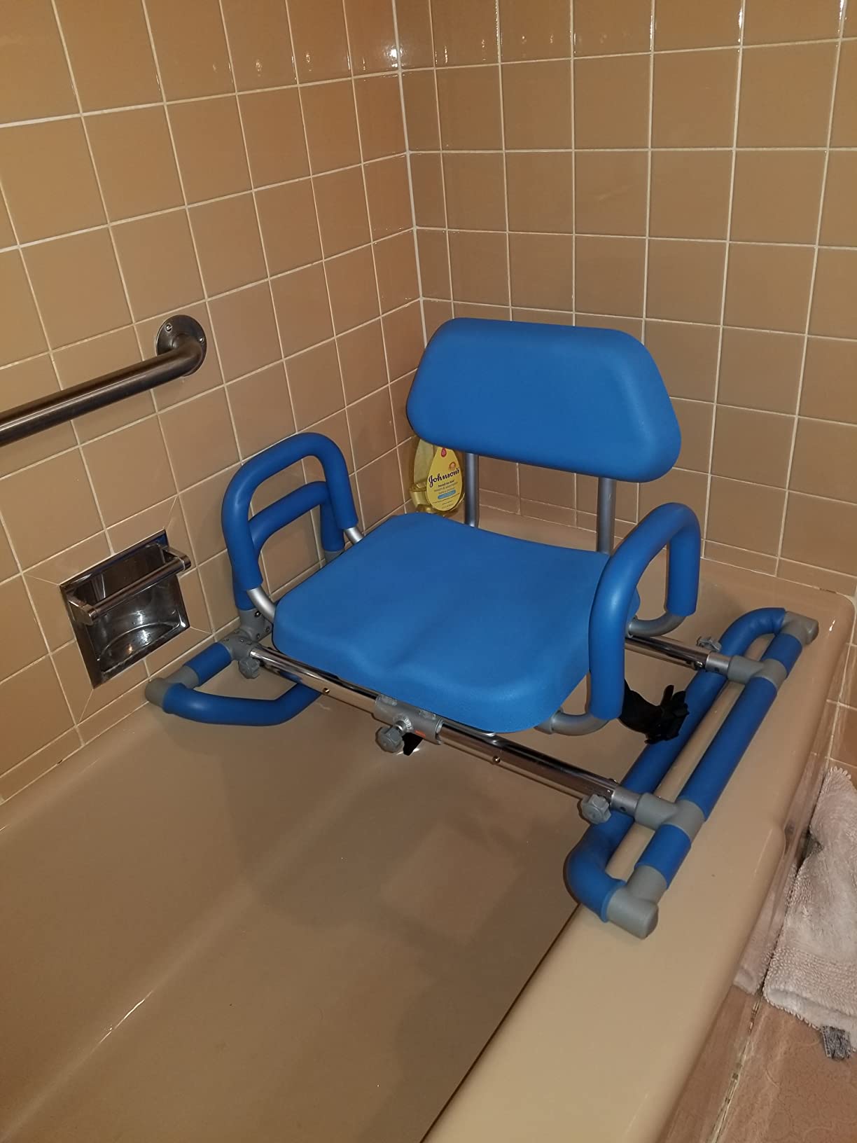 Platinum Health HydroSlide Sliding Shower Chair Swivel Seat for Bathtub, Soft, Padded with industry-exclusive, patented Gap-Bridge safety feature. Padded Armrests. Ideal for Elderly and Seniors (Blue) customer photo 2
