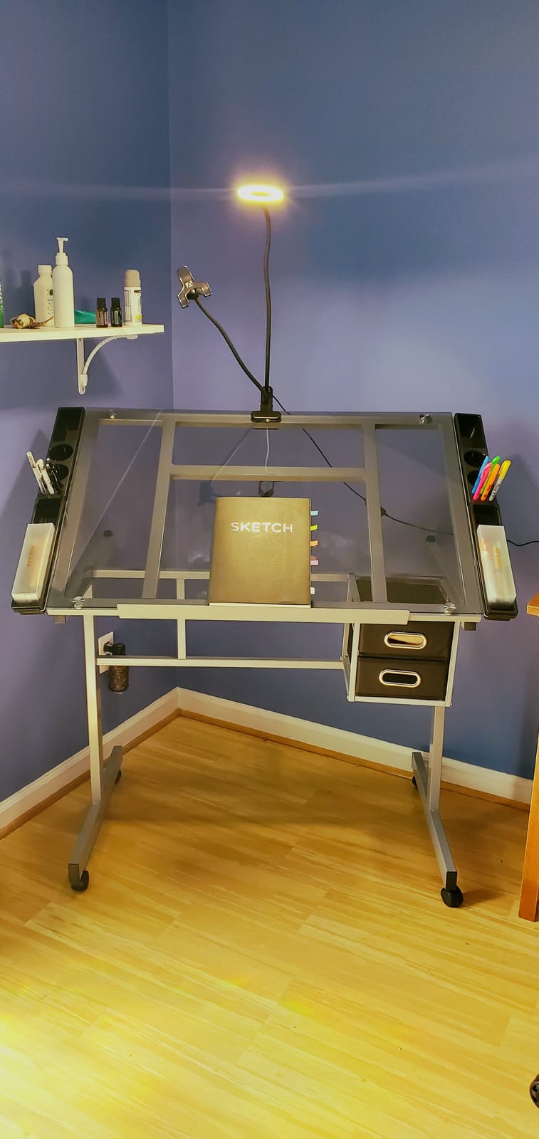 Yaheetech Glass Drafting Table with Storage, Adjustable Art Drawing Desk | Tempered glass top on a steel frame tilts 0-60° for drawing, tracing, or diamond art, plus two fabric drawers and side trays. customer photo 1