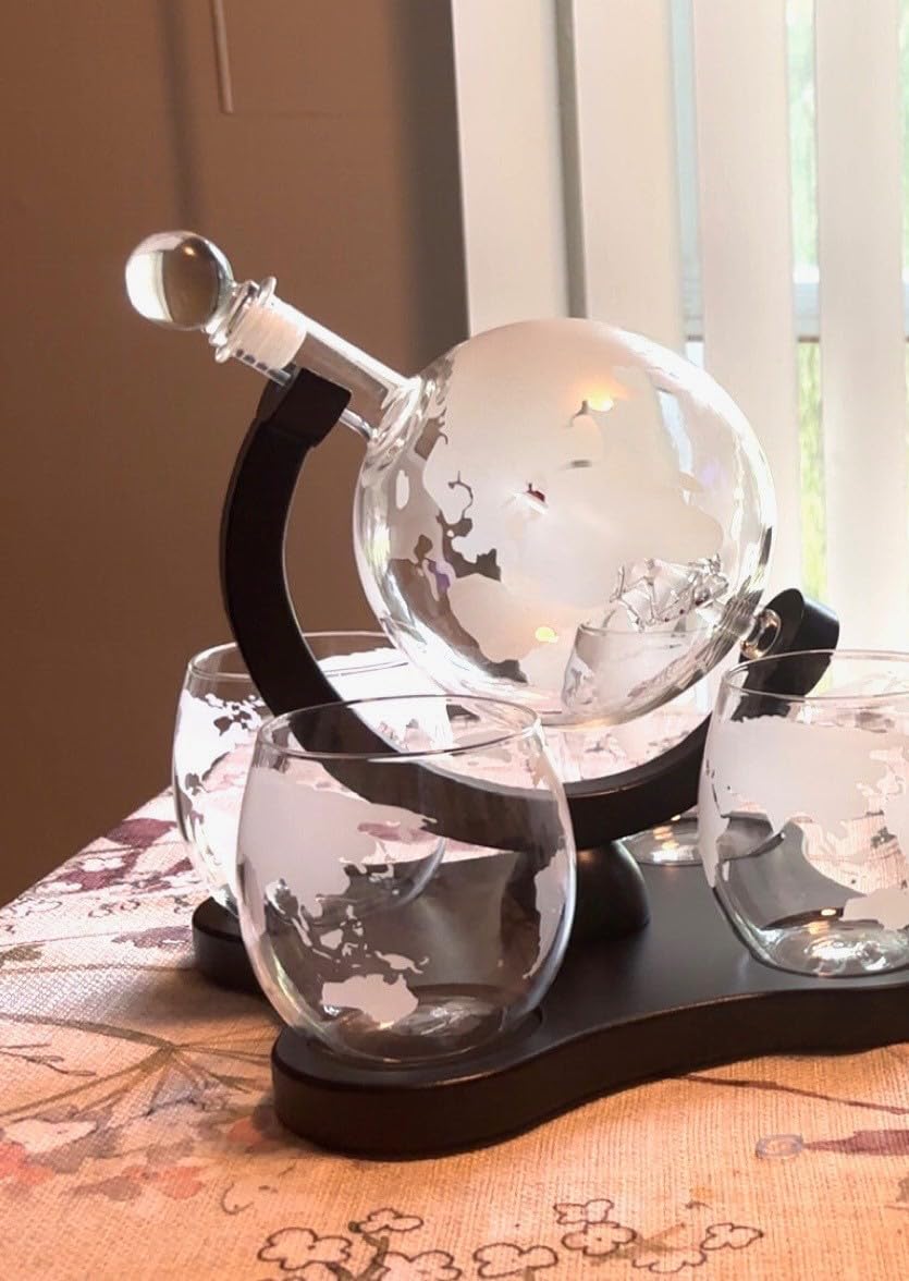 Whiskey Decanter Globe Set with 2 Etched Globe Whisky Glasses | Liquor Decanter | Whiskey Stones, Ice Tong, Funnel - Gifts For Men Dad, Husband - Liquor, Bourbon, Scotch, Vodka, Wood Stand - 850ml customer photo 1