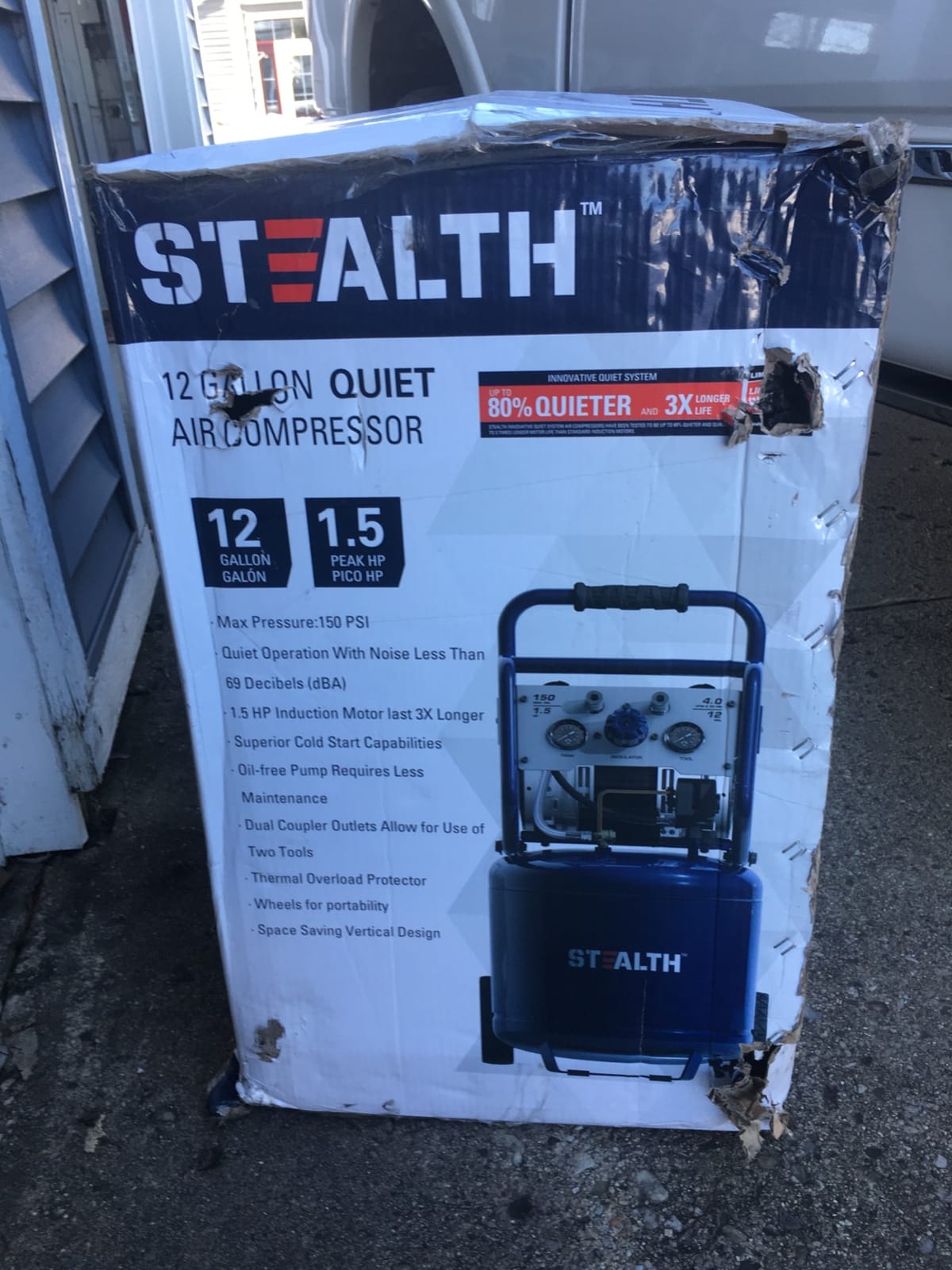 Stealth 12 Gallon Ultra Quiet Air Compressor, 1.5 HP Oil-Free Peak 150 PSI 68 Decibel,5 CFM @ 40 PSI 4 CFM @ 90 PSI Silent Portable Long Life Electric Air Compressor W/Wheel for Garage customer photo 1