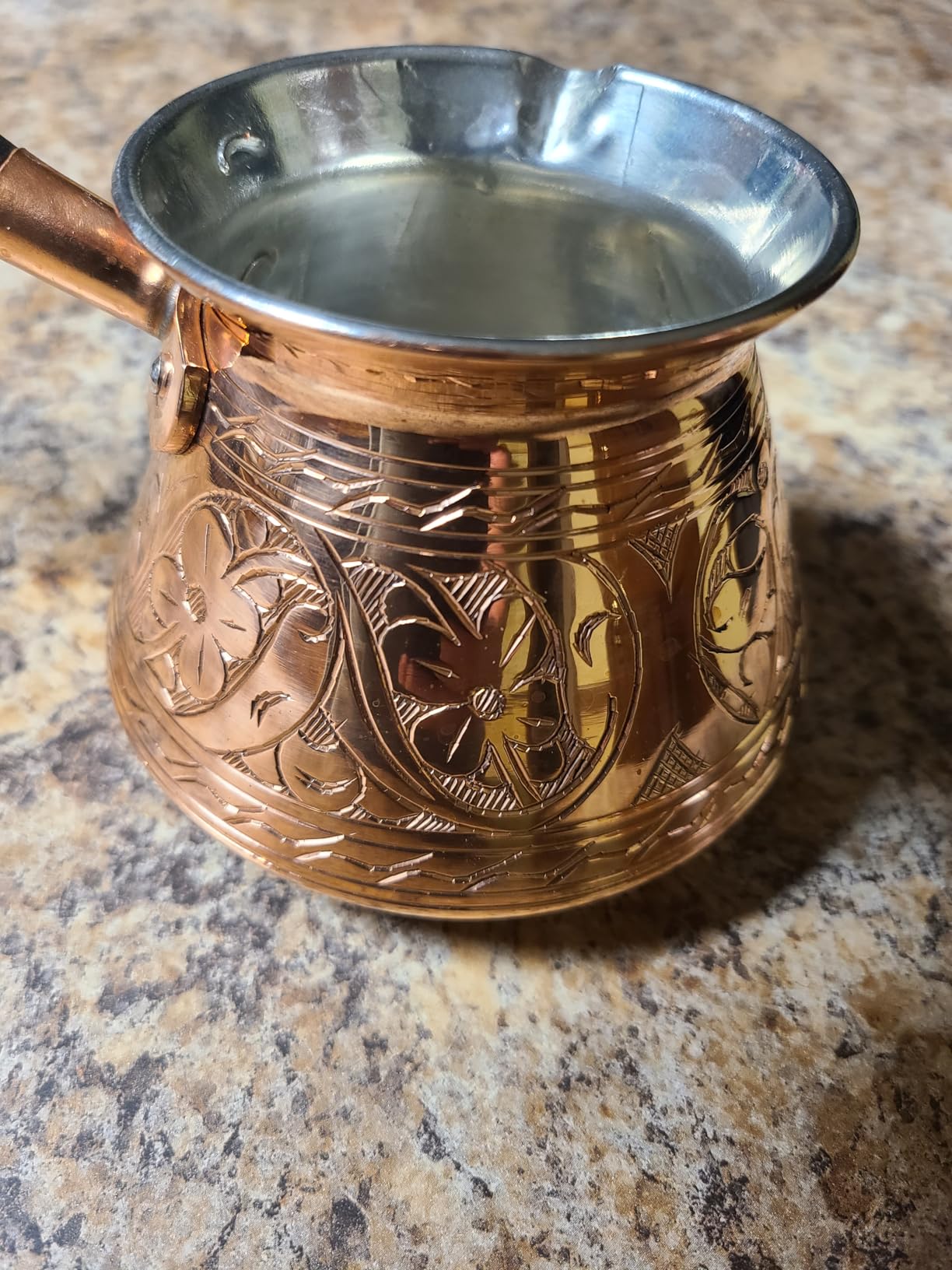 DEMMEX Copper Turkish Coffee Pot Cezve Ibrik Greek Coffee Briki Stovetop Coffee Maker with Wooden Handle & Spoon, 1mm Thick Copper, Handmade & Engraved in TURKEY, 9 fl Oz - 3 Servings customer photo 1