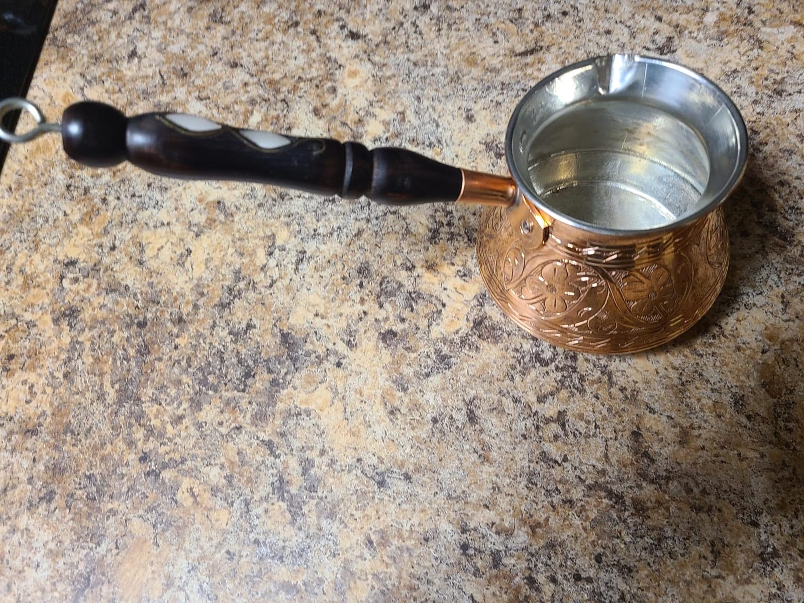 DEMMEX Copper Turkish Coffee Pot Cezve Ibrik Greek Coffee Briki Stovetop Coffee Maker with Wooden Handle & Spoon, 1mm Thick Copper, Handmade & Engraved in TURKEY, 9 fl Oz - 3 Servings customer photo 2