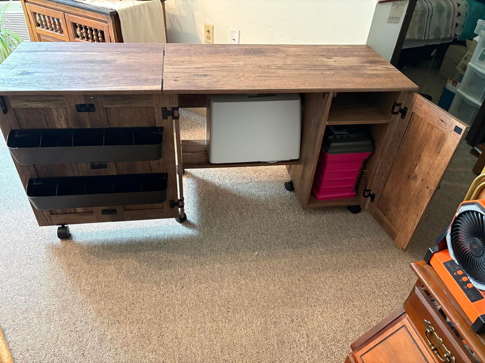 Sauder Craft Cart Storage Cabinet, Rolling Sewing Table with Expandable Top, Mystic Oak customer photo 1