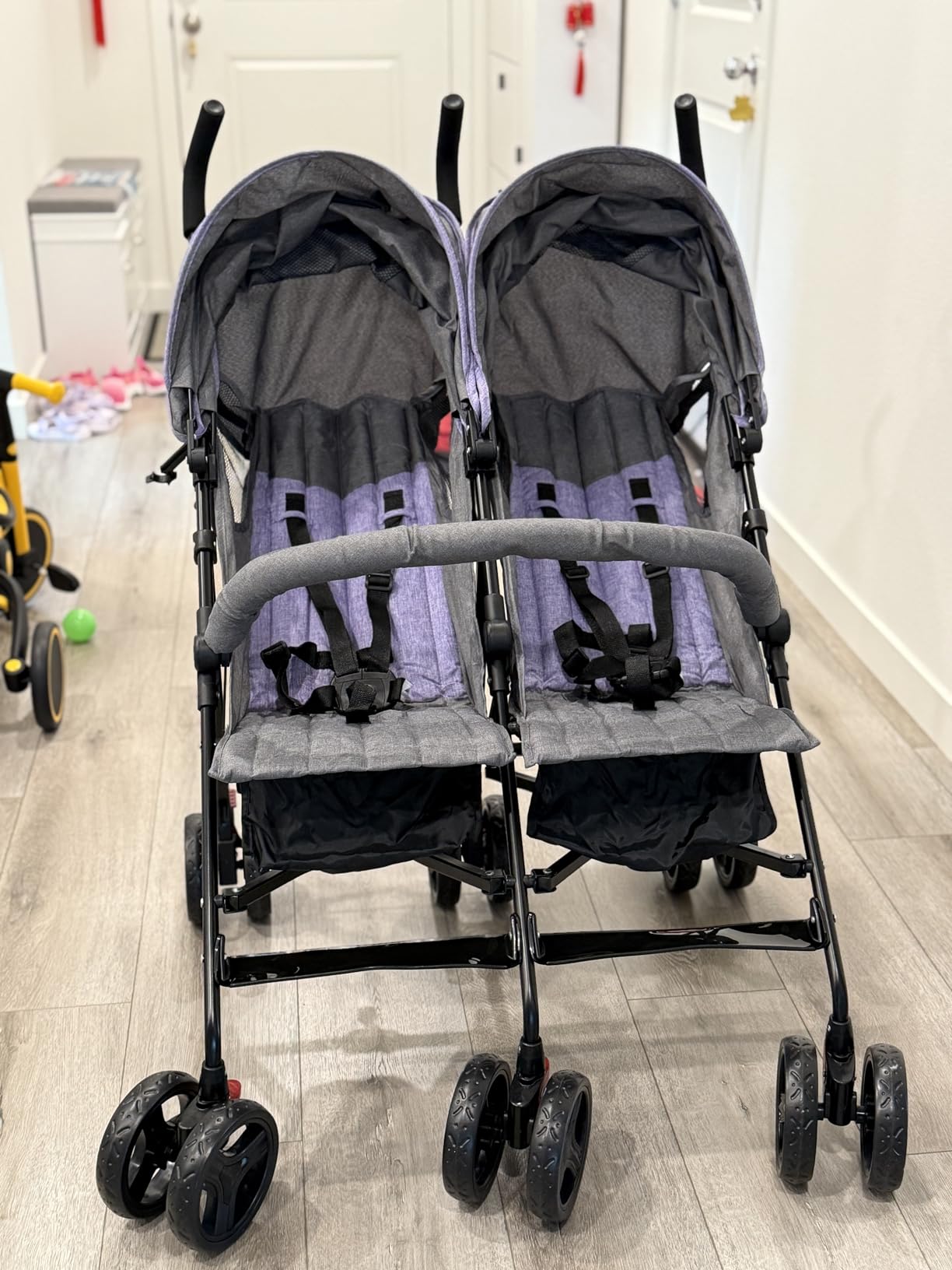 Dream On Me Volgo Side-by-Side Twin Umbrella Toddler Stroller, Black | 5 Point Safety Harness, Smooth Swivel Wheels, Lightweight, Adjustable Double Canopy, Storage Basket, 40 Lb Limit Each Seat customer photo 1