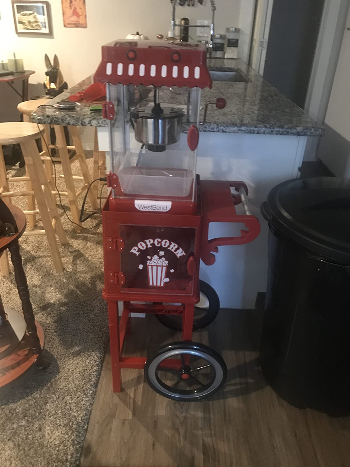West Bend Popcorn Popper Machine Theater Style on Wheeled Cart with Non-Stick 2.5 Oz Stainless Steel Popcorn Kettle, Storage Shelf, and Popcorn Scoop, 10-Cup, Red customer photo 1