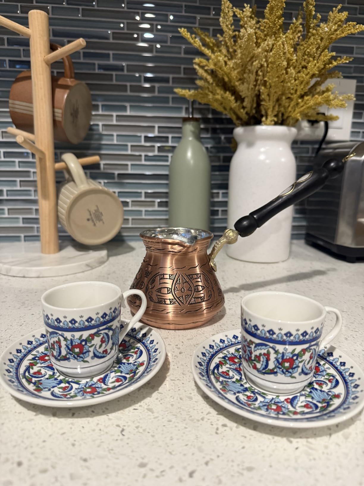 BCS 12 oz Handmade Copper Turkish Coffee Pot, Hand-Engraved Cezve & Spoon | Greek/Arabic Coffee Maker Briki/ibrik | Made in Turkey | Tin Lined | Gas & Electric Stovetops; Not Induction | Wooden Spoon customer photo 2