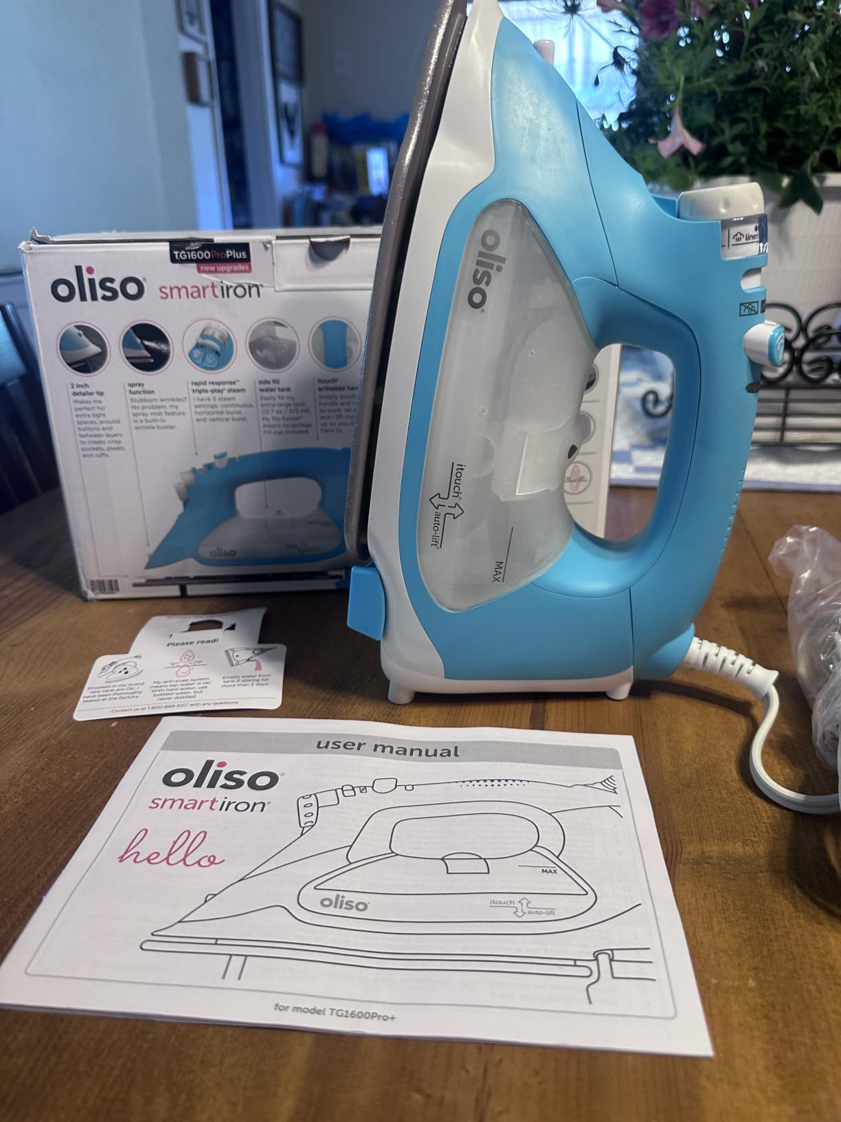 Oliso TG1600 ProPlus Auto-Lift Steam Iron, Quilting Sewing & Clothes, 1800W | Turquoise, Diamond Ceramic-Flow soleplate, TriplePlay bursts, 12.75-oz side-fill tank, 30-min shut-off, 12-ft swivel cord customer photo 1