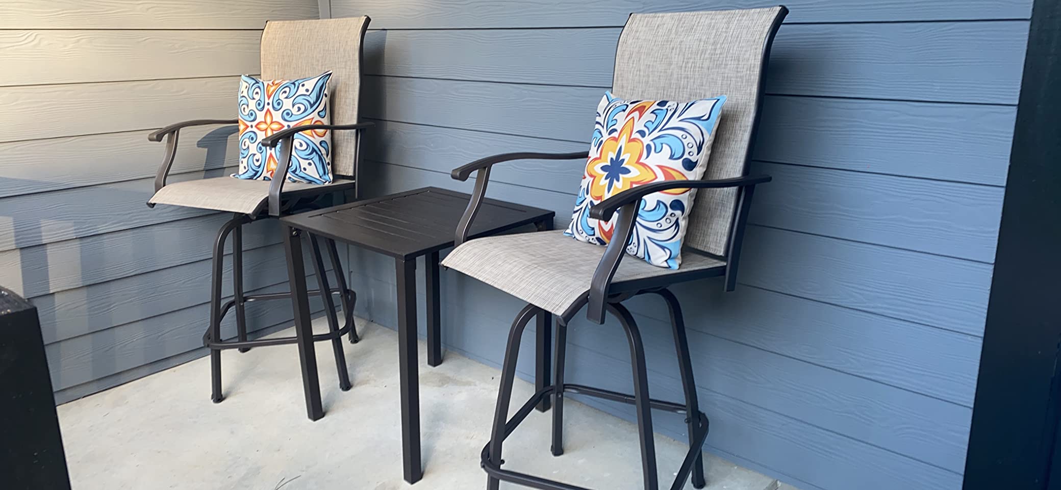 Vongrasig 2 Piece Patio Swivel Bar Chairs, All Weather Metal Textile High Swivel Bar Stools Chairs, Outdoor High Top Bistro Set for Backyard, Lawn Garden, Balcony, Taupe customer photo 1