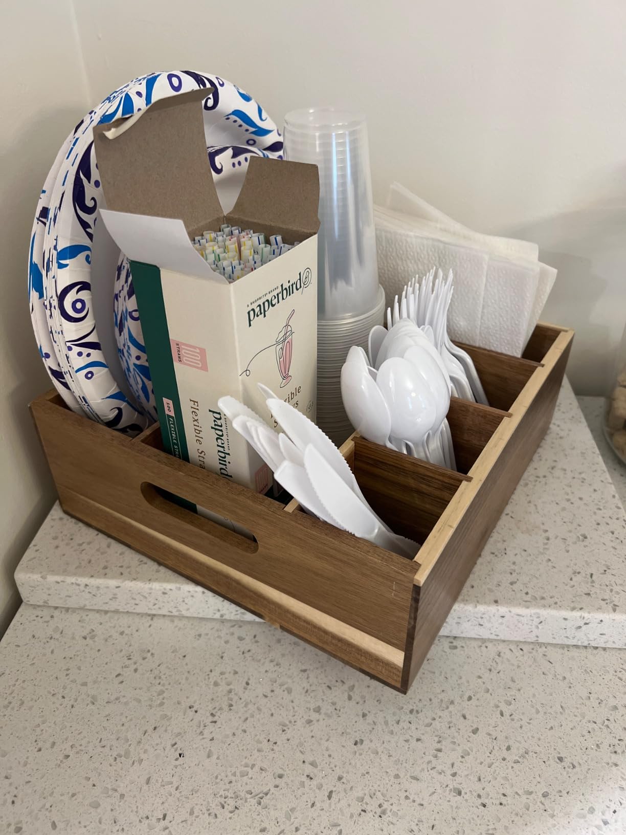 ALELION Paper Plate Dispenser for Countertop - Wooden Utensil Holder Organizer for Party - Silverware Caddy for Plate, Cup, Fork, Spoon - Cutlery Holder with Handles for Kitchen Camping Buffet customer photo 1