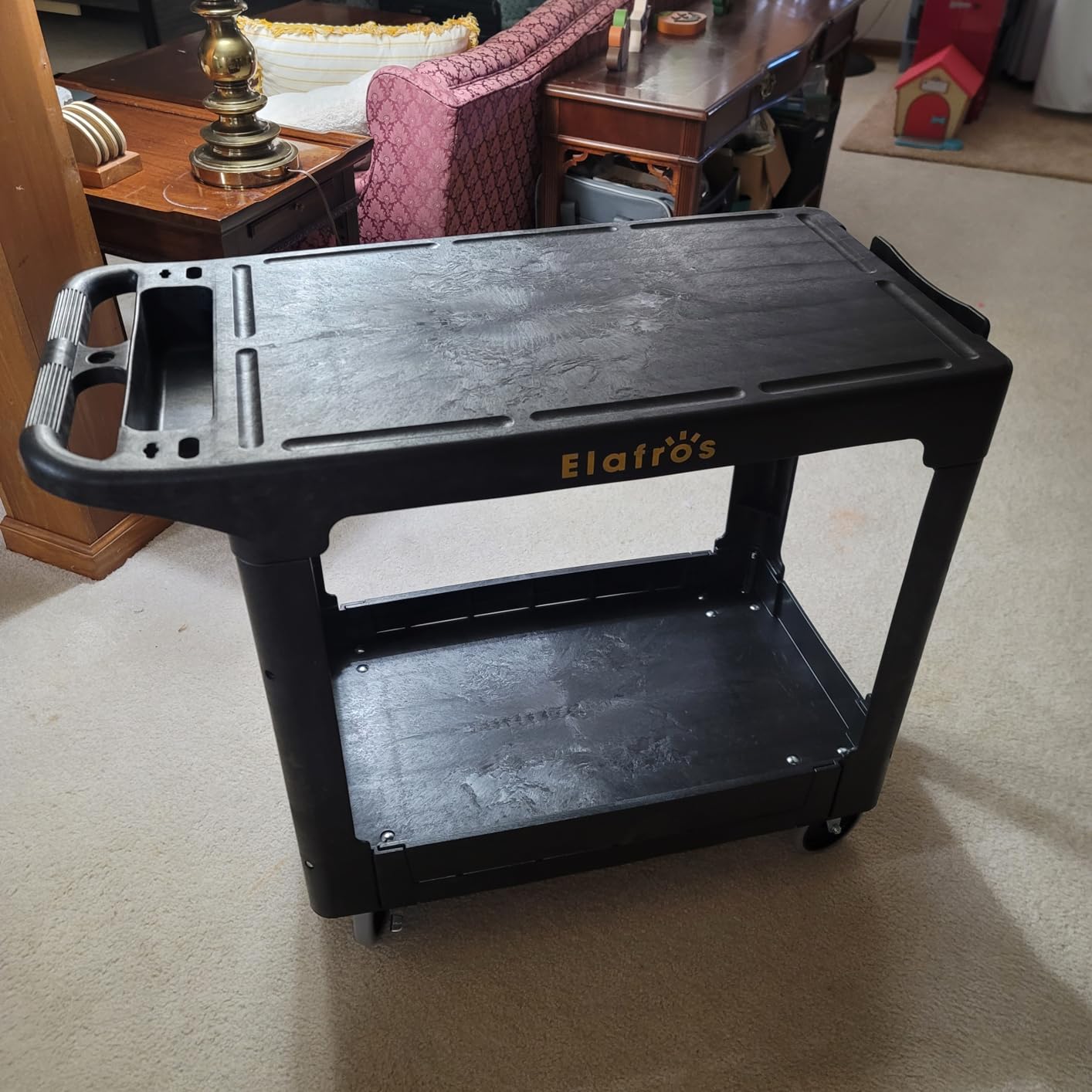 ELAFROS Heavy Duty Plastic Utility Cart, 37 x 18.8 in, Flat Top, Swivel Wheels, 550 lbs Capacity, Black customer photo 2