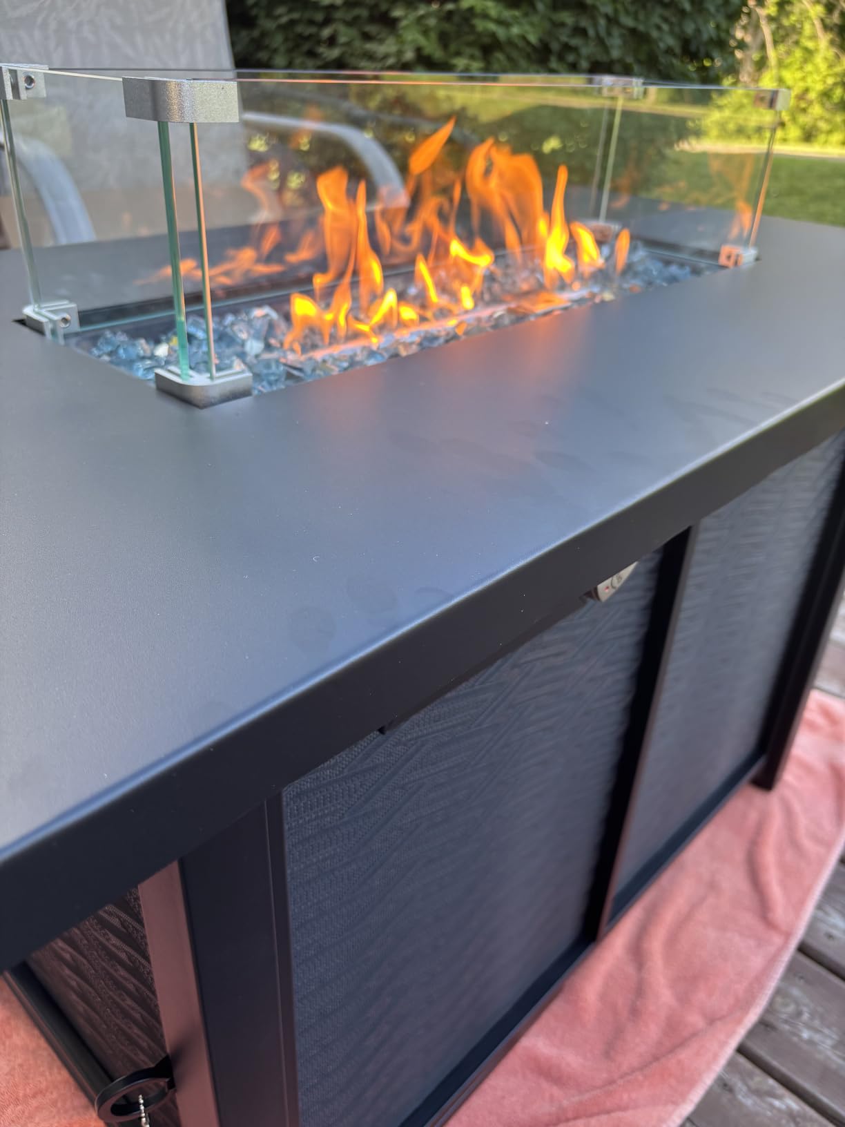 45 Inch Propane Fire Pit Table, 50,000 BTU Outdoor Gas Fire Pit for Patio & Backyard, 2-in-1 Firepit Dining Table with Glass Wind Guard, Blue Glass Rocks & Waterproof Cover customer photo 1