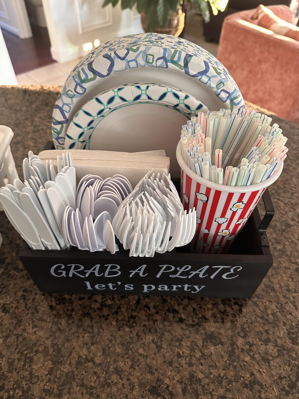 Paper Plate Holder, Utensil Caddy Organizer, Wood Paper Plate Dispenser, Silverware Caddy Holder, and Disposable Coffee Bar Accessories Box for Kitchen Counter, Party, Camping, Picnic (6 compartment) customer photo 2