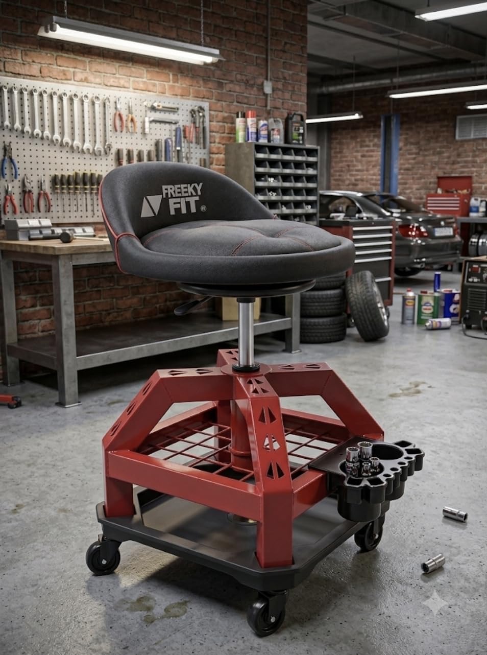 Rolling Shop Stool for Garage with Casters, DO02-Adjustable Height 360° Swivel Shop Seat with Tool Tray Storage, 330 LBS Capacity Padded Mechanic Stool, Magnetic Tool Hold, Heavy Duty, Red customer photo 1