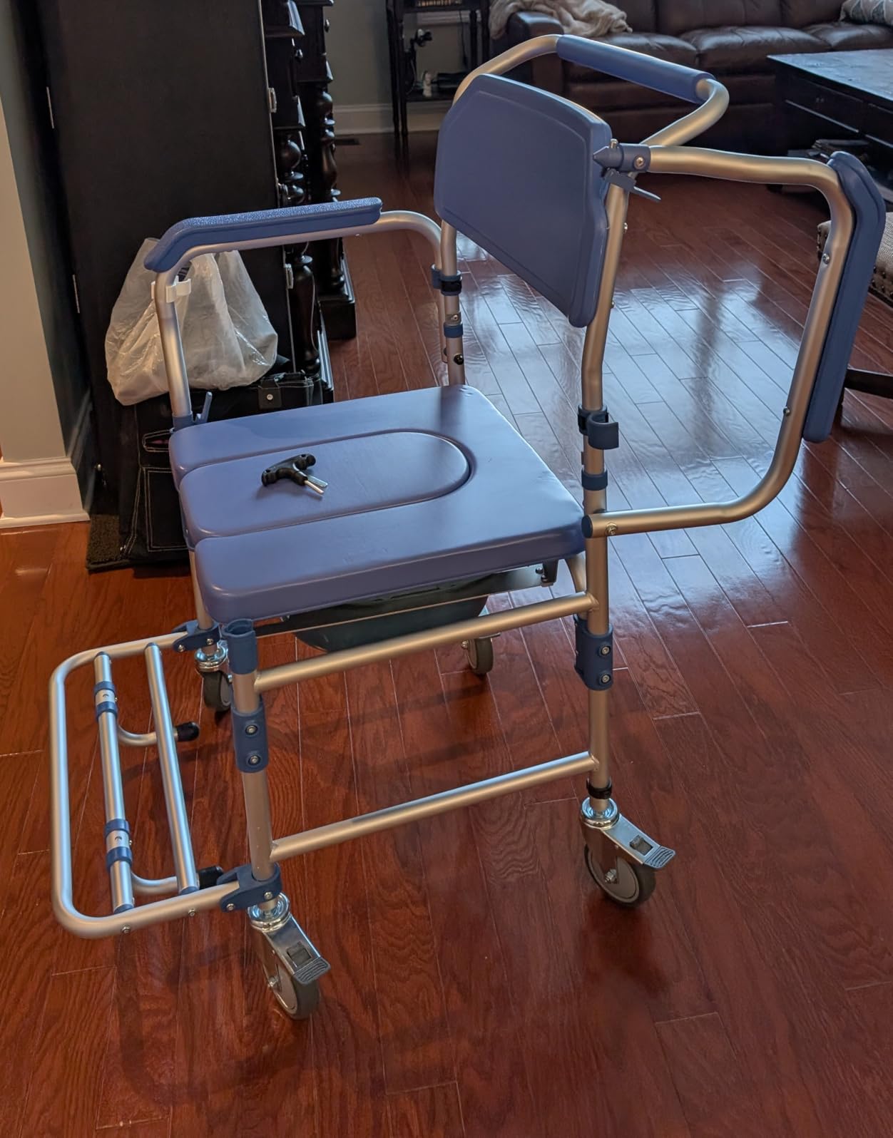 Bedside Commode Wheelchair with Drop Arms & Lockable Casters, Waterproof Aluminum Shower Chair, Anti-Tilt Foldable Footrest, Sponge Padded Seat, 330lbs Weight Capacity, 3 in 1 Bedside Commode Chair customer photo 2