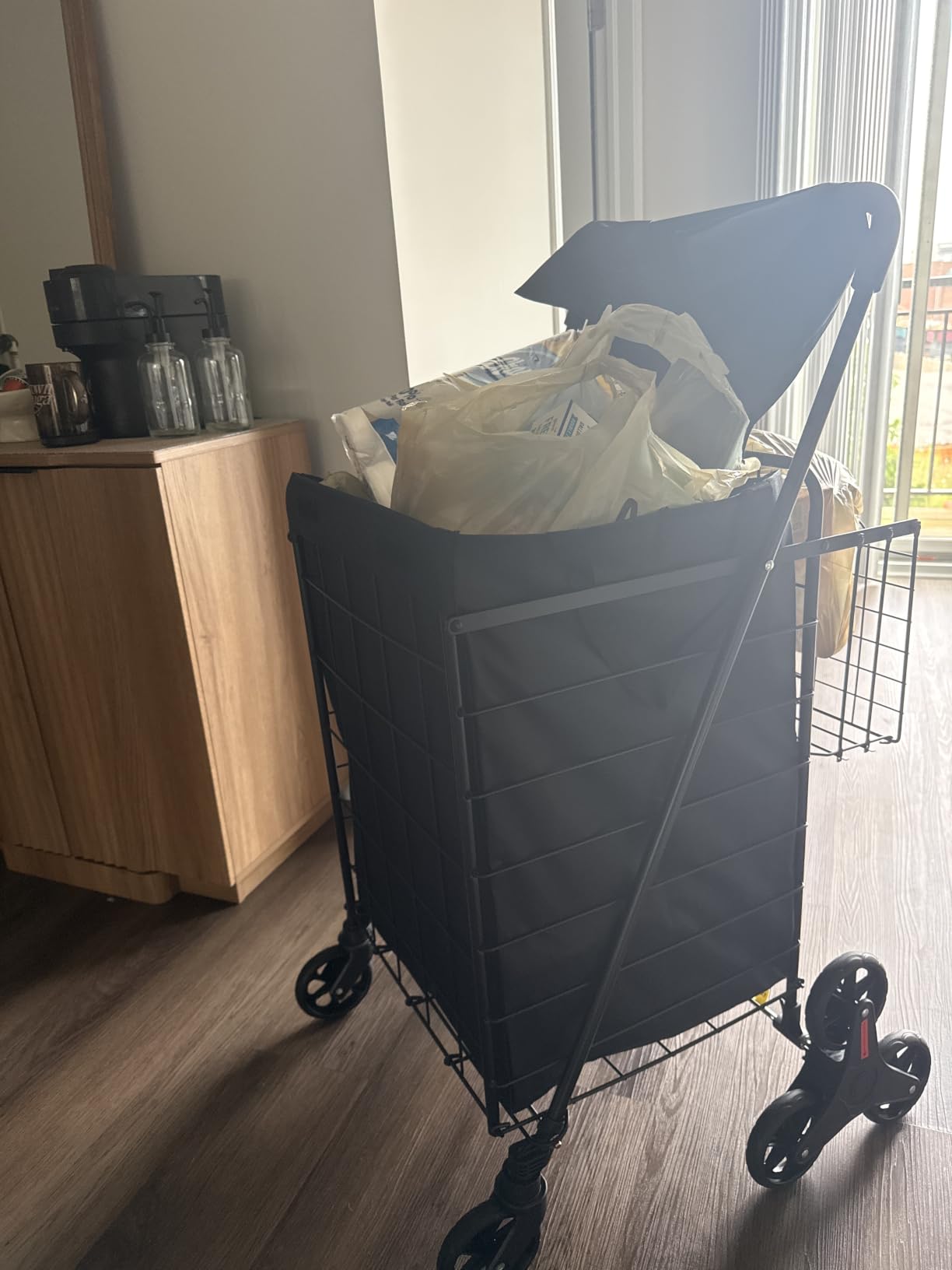 Our Modern Space Stairs Climbing Shopping Cart w/Waterproof Basket Liner & 360° Swivel Wheels | Foldable Collapsible & Lightweight | Perfect for Groceries Laundry Utility Cart - Silver customer photo 2