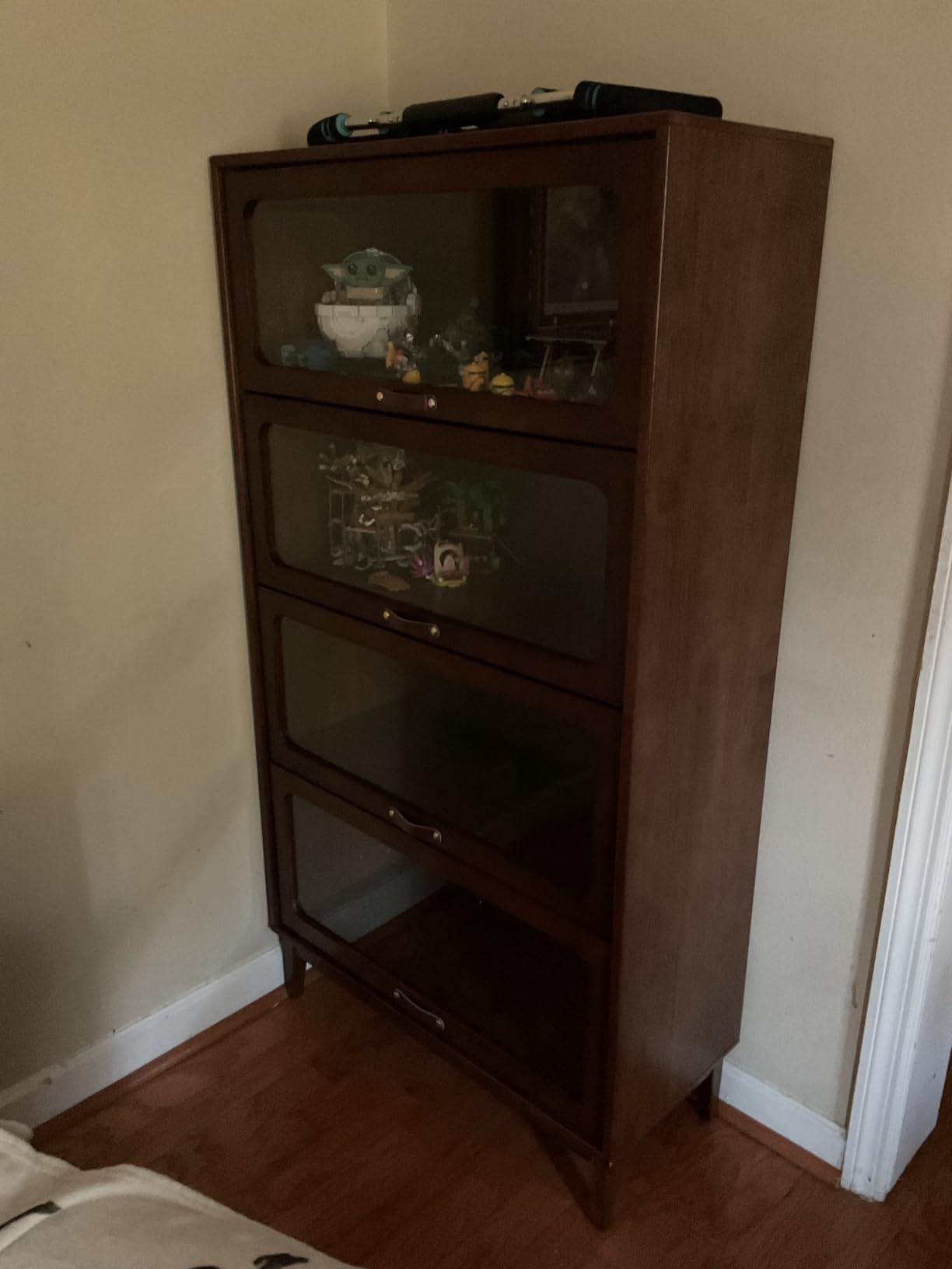 Solid Wood Bookcase 4 Tier With Tempered Glass Doors 60 Inch, Kitchen Pantry Display Cabinet, Brown Finish Cube Storage Organizer, Bookshelf Versatile Storage With For Home Office(No Light Strip) customer photo 1
