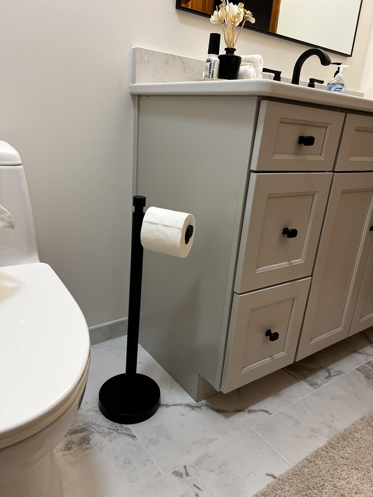 YUMORE Toilet Paper Holder Stand with Weighted Base, Matte Black | Stainless Steel Design with Open-Arm Access for Bathrooms and Powder Rooms customer photo 2