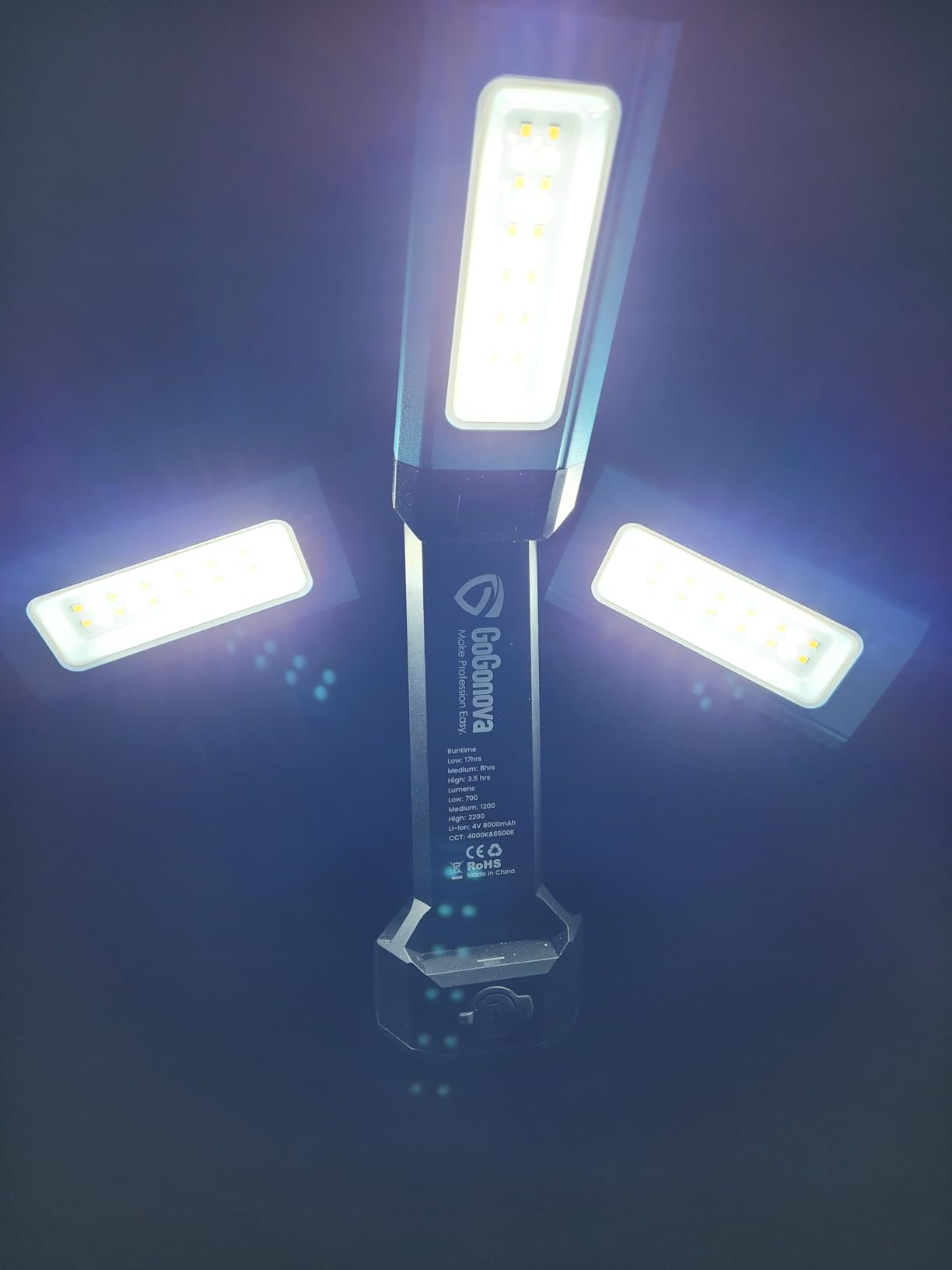 gogonova 2026 Rechargeable Work Light with Stand, 4 in 1 Cordless Camping Light, 700/1200/2200 Lumens, 4000/6500K Dimmable LED Work Lamp with Detachable Tripod（Grey） customer photo 1