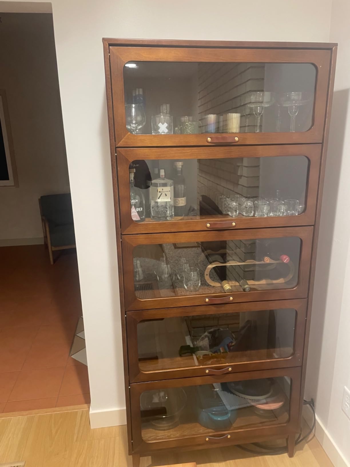 Solid Wood Book Case 5 Tier Bookcase with Tempered Clear Glass Flip-Up Doors Bookshelves Brown natural wood Bookshelf Versatile Pantry Cabinet with Storage Home Office (log color D14xW32xH72 inch) customer photo 1