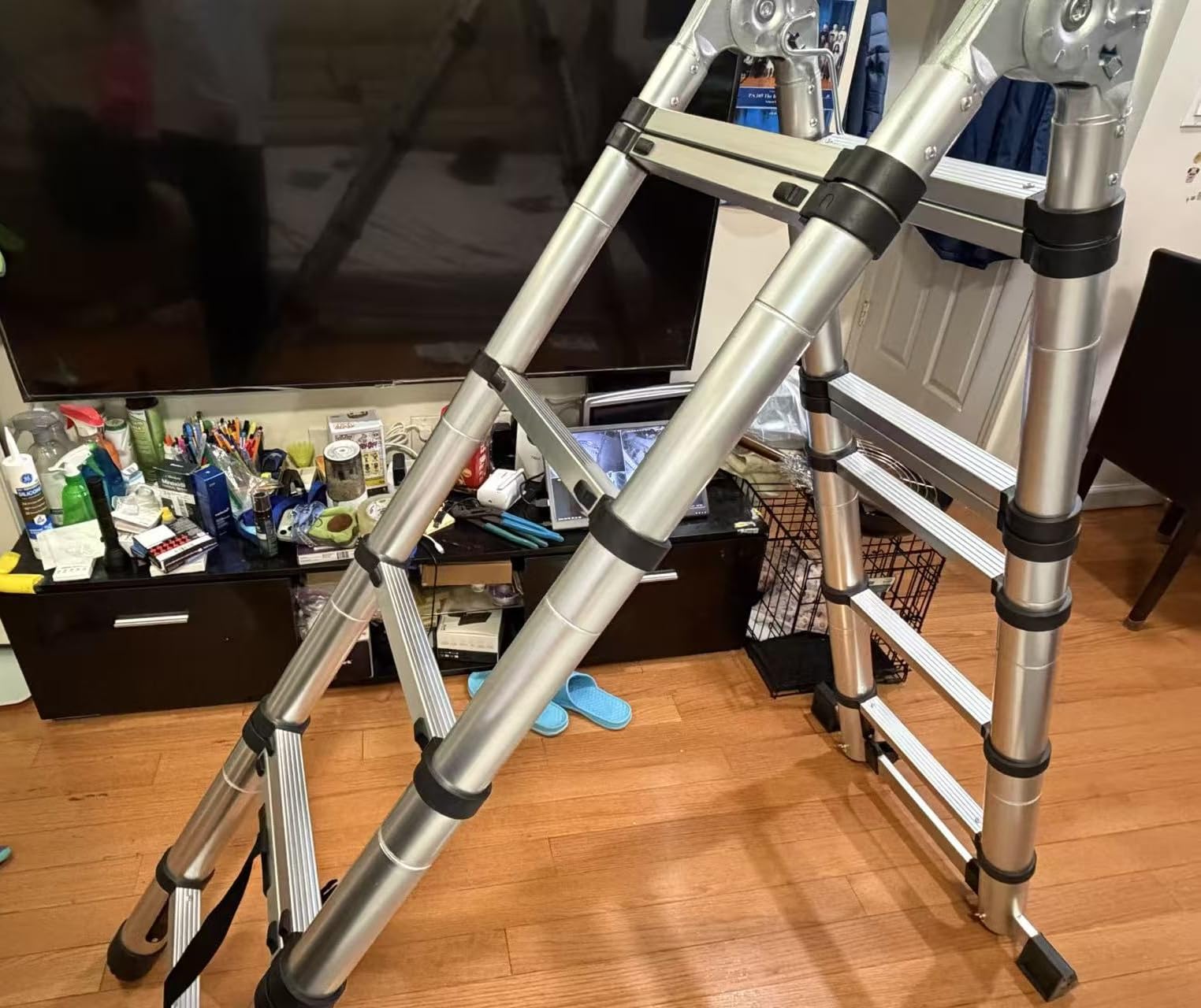 Telescoping Ladder with Hooks, 20.3 FT, Stabilizer & Wheels, Silver customer photo 2