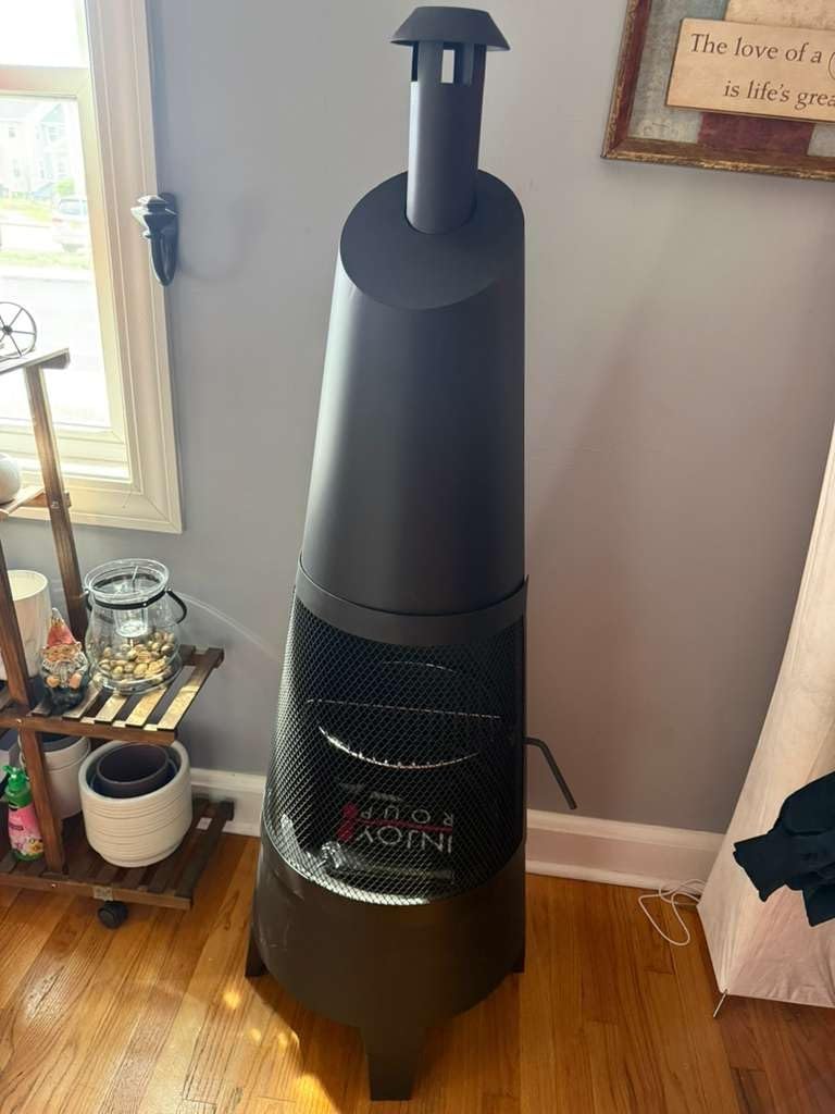 SUNJOY 57 Inch 2-in-1 Chiminea Fire Pit & Grill - Grey Metal Outdoor Chiminea with Removable Stainless Steel Grill Grate, PVC Cover, and Mesh Safety Screen Door customer photo 2