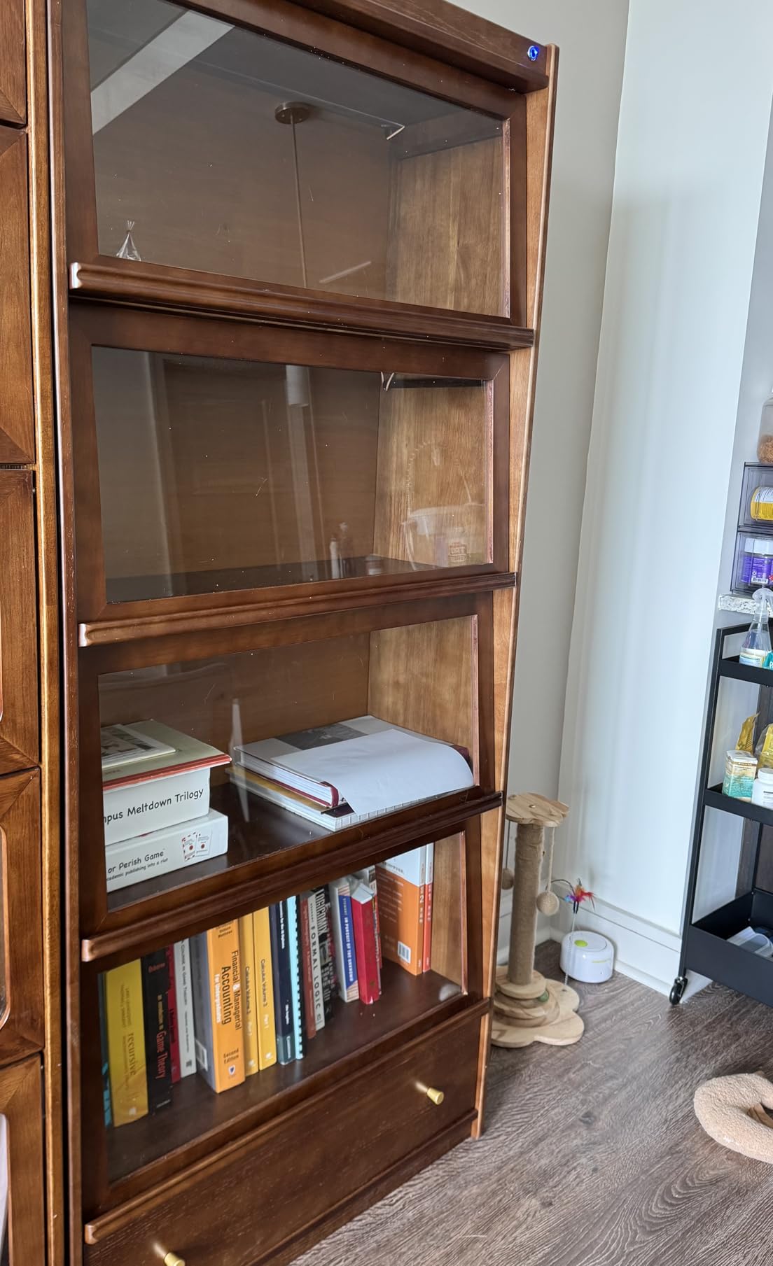AnywaySWood 73 inch H Tall Solid Wood Bookcase with Flip-Up Tempered Glass Doors and 3 Color Led Lights, 4 -Tier Wooden Bookshelf with 1 Drawer, Display Cabinet Kitchen Pantry for Living Room, Office customer photo 2