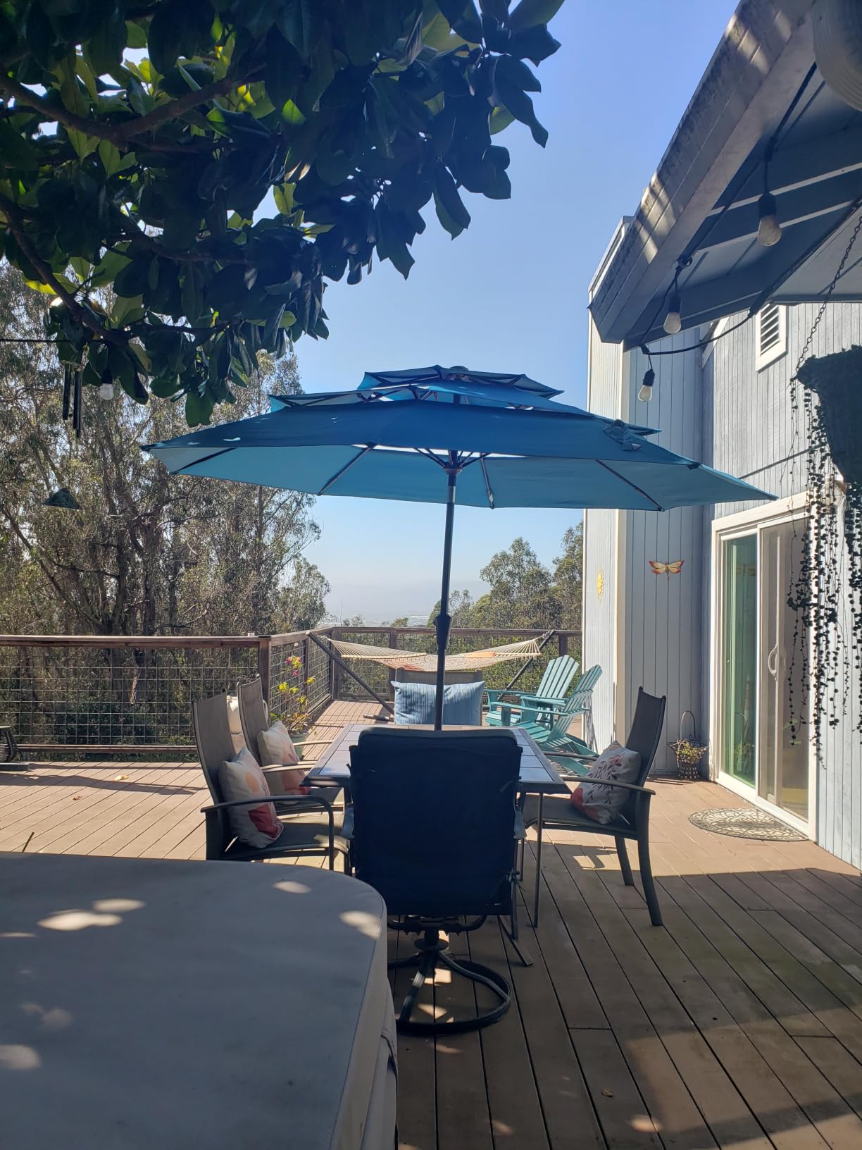 10ft Patio Umbrella, 3-Tier Vented Outdoor Table Umbrella with 8 Sturdy Fiberglass Ribs, Windproof Market Umbrella with Push Button Tilt and Crank, UV Protection for Deck, Pool, Sky Blue customer photo 1
